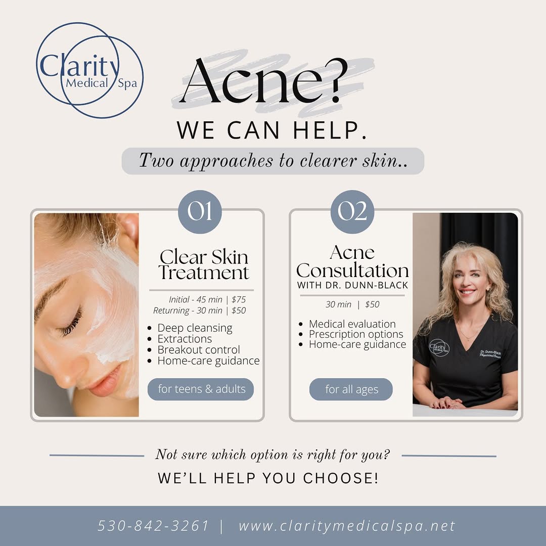 Instagram post by Dr. Rachel Dunn-Black: Struggling with Acne? We have solutions! 🤍 Whether you’re dealing with occasional breakouts, stubborn acne, or just aren’t sure where to st…