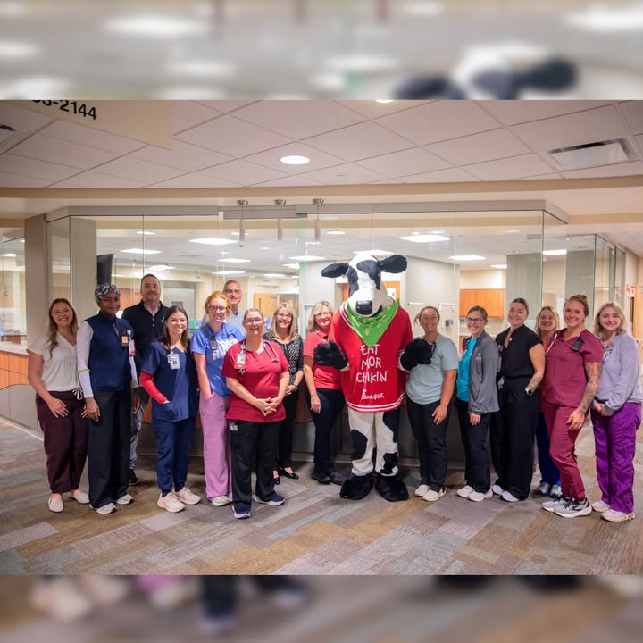 Instagram post by Dr. Rachel Scott: The Chick-fil-A cow made a stop at Hendricks, and our surgical team was happy to say hello! 🐮 A big thank you to our local Chick-fil-A Avon…