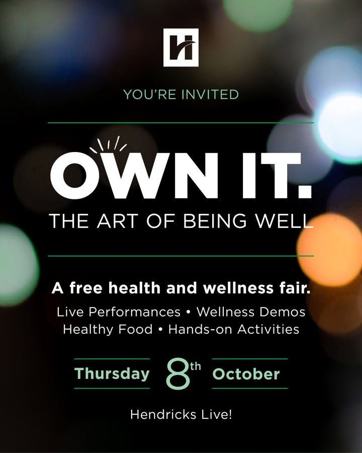 Instagram post by Dr. Rachel Scott: You're invited to Own It: The Art of Being Well, a free interactive health and wellness fair at Hendricks Live! Join us Thursday, October 8 …