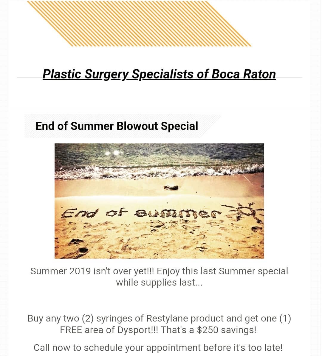Instagram post by Dr. Rafael C. Cabrera: End of Summer special in effect!! Don't miss out! Call now to schedule your appointment. #DrRafaelCabrera #plasticsurgeryspecialistsofbocara…