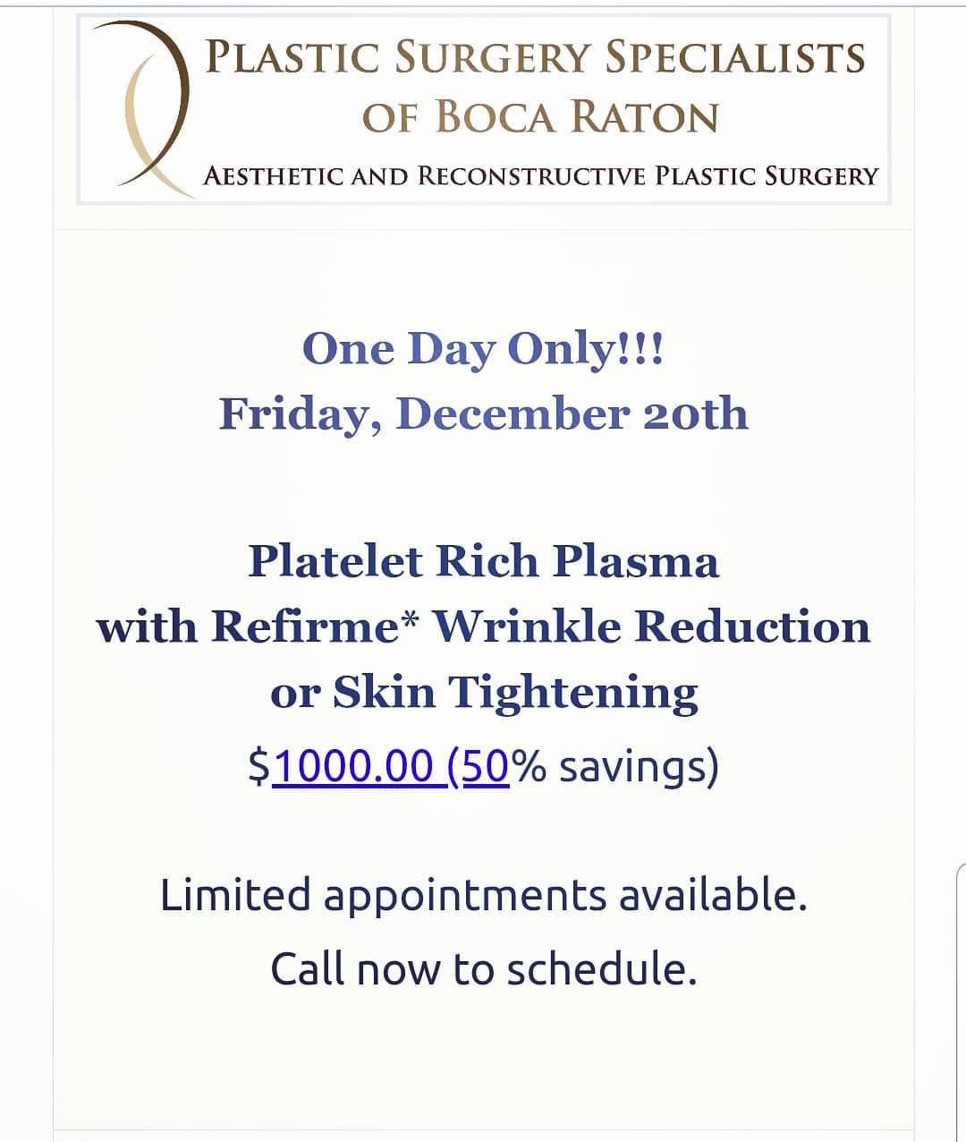 Instagram post by Dr. Rafael C. Cabrera: One Day Only!! Friday, December 20th. Platelet Rich Plasma special. PRP with Refirme* Wrinkle Reduction or Skin Tightening for $1000.00!! Sa…