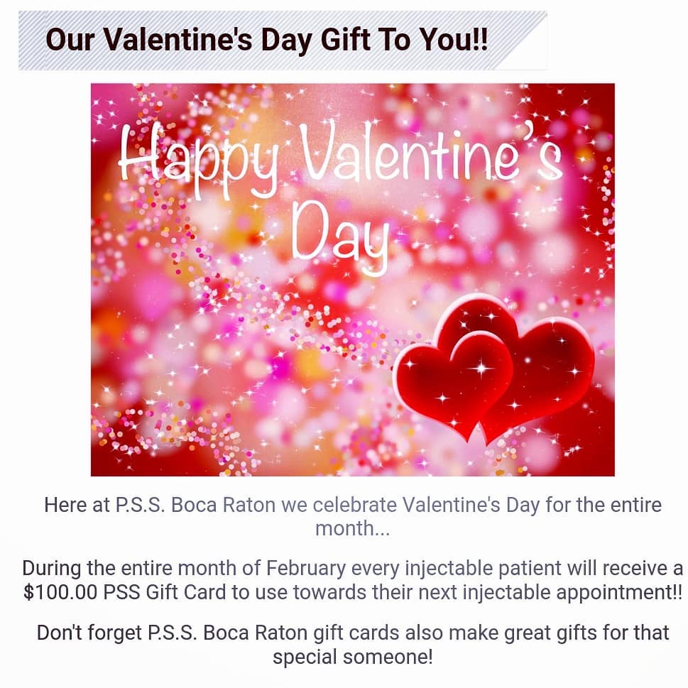 Instagram post by Dr. Rafael C. Cabrera: Celebrate Valentine's Day all month long with us! During the entire month of February all injectable patients receive a $100.00 PSS Boca Rat…