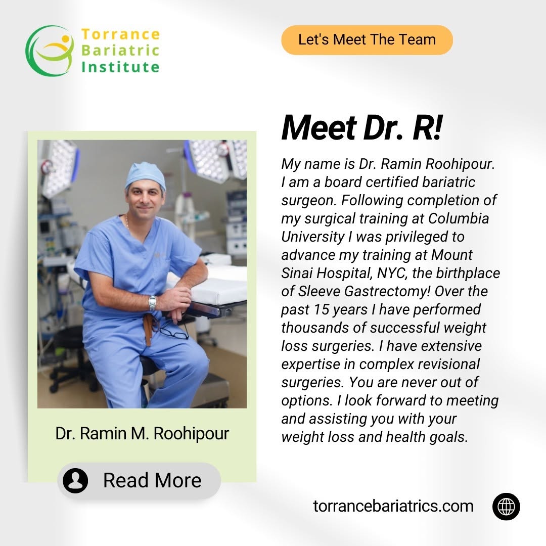 Instagram post by Dr. Ramin Roohipour: Meet Dr. Ramin Roohipour, MD, FACS, FASMBS 🩺 A board-certified general surgeon with expertise in minimally invasive, bariatric, and endocri…