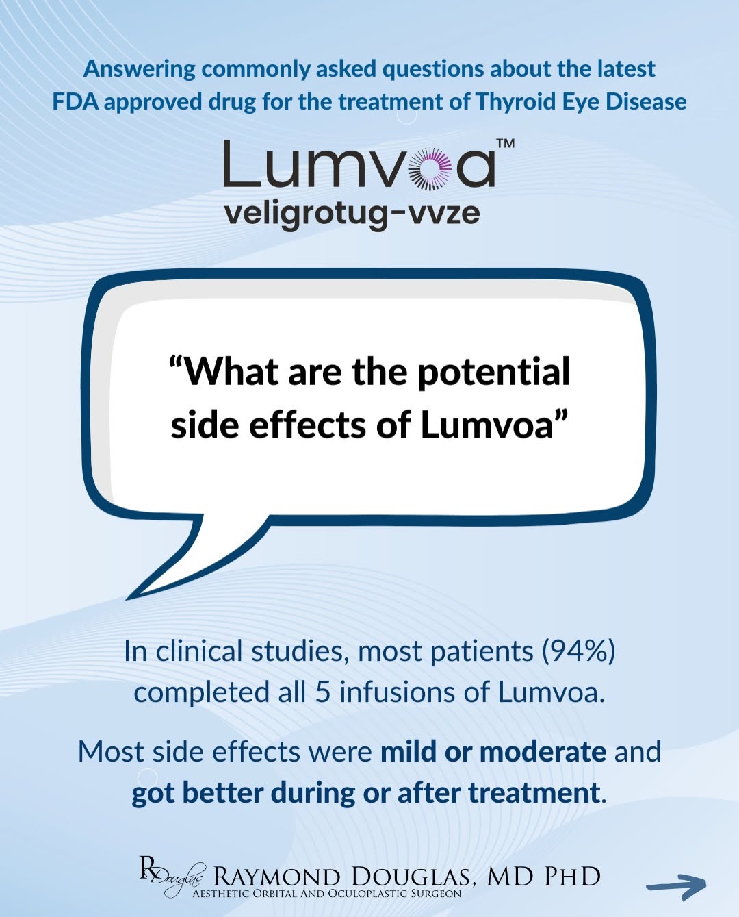 Instagram post by Dr. Raymond S. Douglas: Like any medication, Lumvoa can have potential side effects, but understanding what to expect is an important part of making an informed tre…