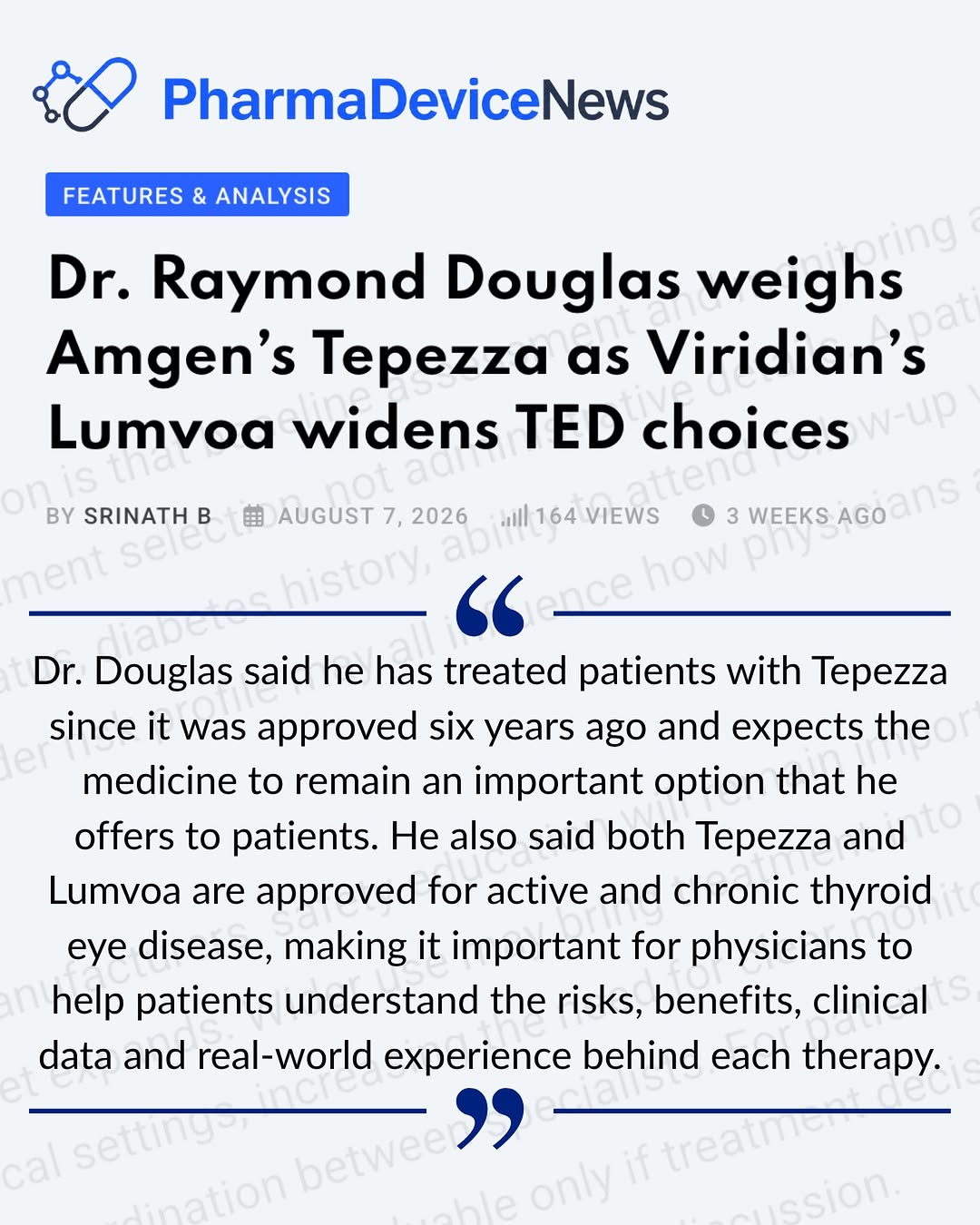Instagram post by Dr. Raymond S. Douglas: I’m grateful to PharmaDeviceNews for the opportunity to share my perspective on the evolving treatment landscape for Thyroid Eye Disease. As…