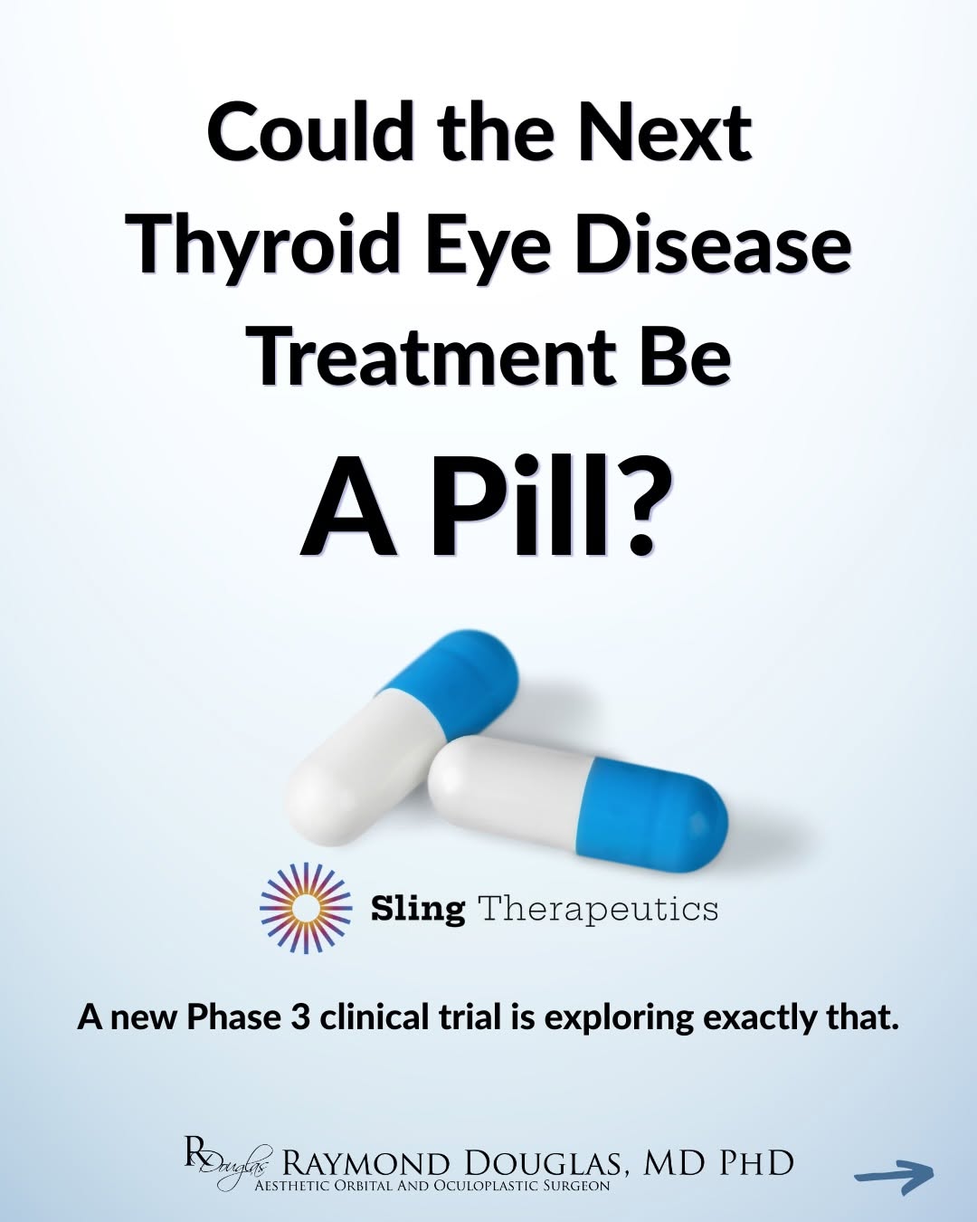 Instagram post by Dr. Raymond S. Douglas: Could the future of TED treatment come in a pill? Linsitinib is an investigational oral therapy for thyroid eye disease that targets IGF-1R.…