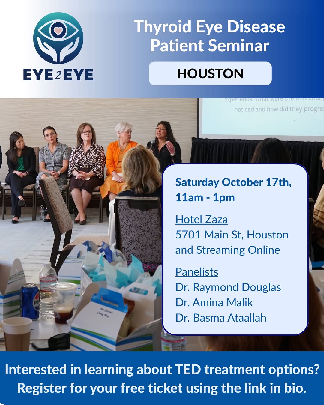 Instagram post by Dr. Raymond S. Douglas: We’re excited to announce Eye2Eye’s Thyroid Eye Disease patient seminar in Houston, taking place Saturday October 17. Join us as we discuss …