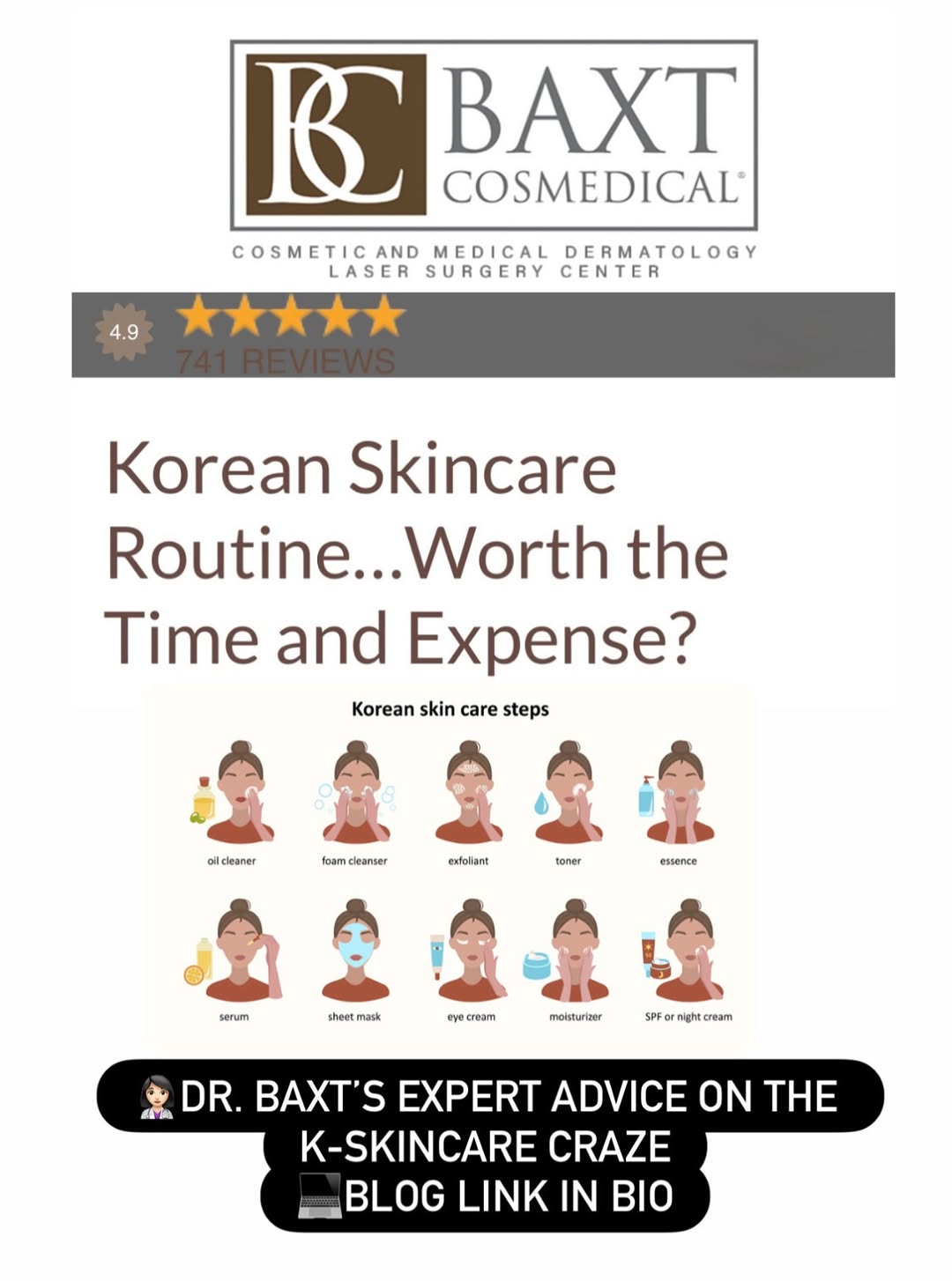 Instagram post by Dr. Rebecca Baxt: Is the K-Skincare craze worth it?! Check out our blog link in bio to hear what Dr. Baxt has to say! #linkinbio👉💻 #kskincare #koreanskincar…