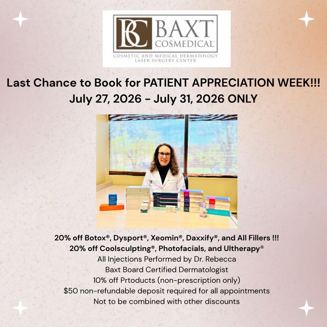 Instagram post by Dr. Rebecca Baxt: 🚨Last Chance to Book for Patient Appreciation week 07/27/26-07/31/26🚨 ‼️Only 3 appointment slots remaining‼️ 📲201-265-1300 to schedule 👩…