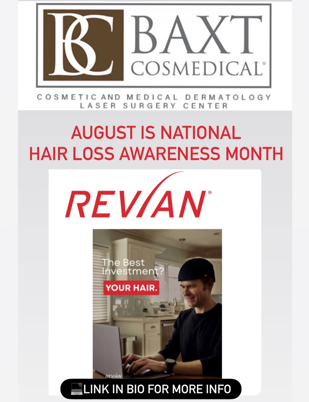 Instagram post by Dr. Rebecca Baxt: ‼️August is National Hair Loss Awareness Month‼️Are you suffering from hair loss? 📲201-265-1300 to schedule a hair loss consultation with D…