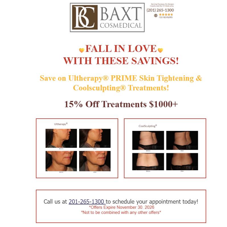 Instagram post by Dr. Rebecca Baxt: FALL IN 💛 WITH THESE SAVINGS!Save on Ultherapy® PRIME Skin Tightening & Coolsculpting® Treatments! 15% Off Treatments $1000+ *Offer Expires…