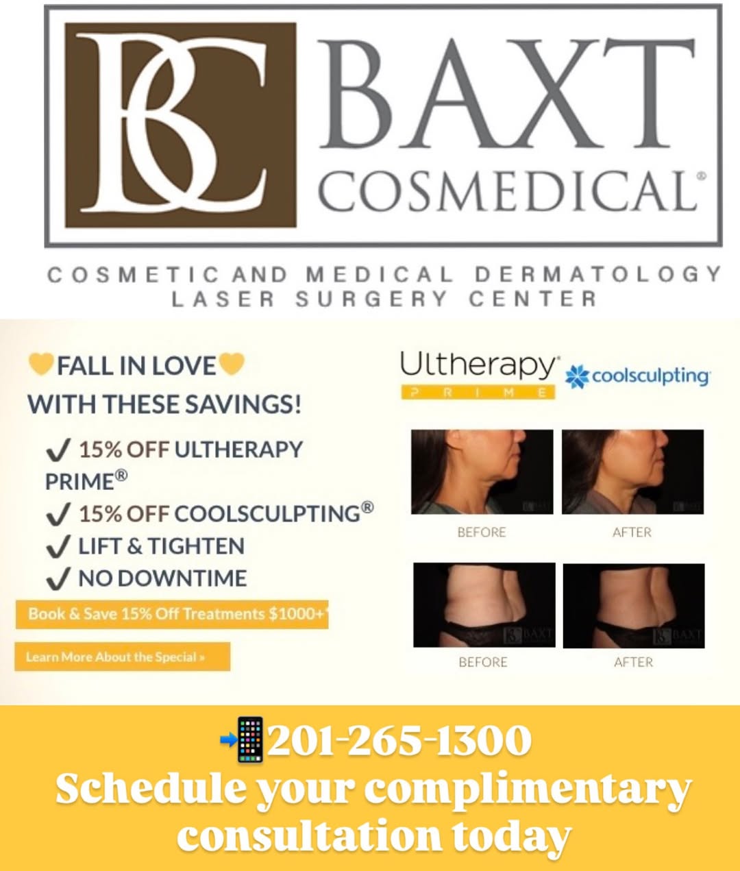 Instagram post by Dr. Rebecca Baxt: FALL IN 💛 WITH THESE SAVINGS! Save on Ultherapy® PRIME Skin Tightening & Coolsculpting® Treatments! 15% Off Treatments $1000+ *Offer Expire…