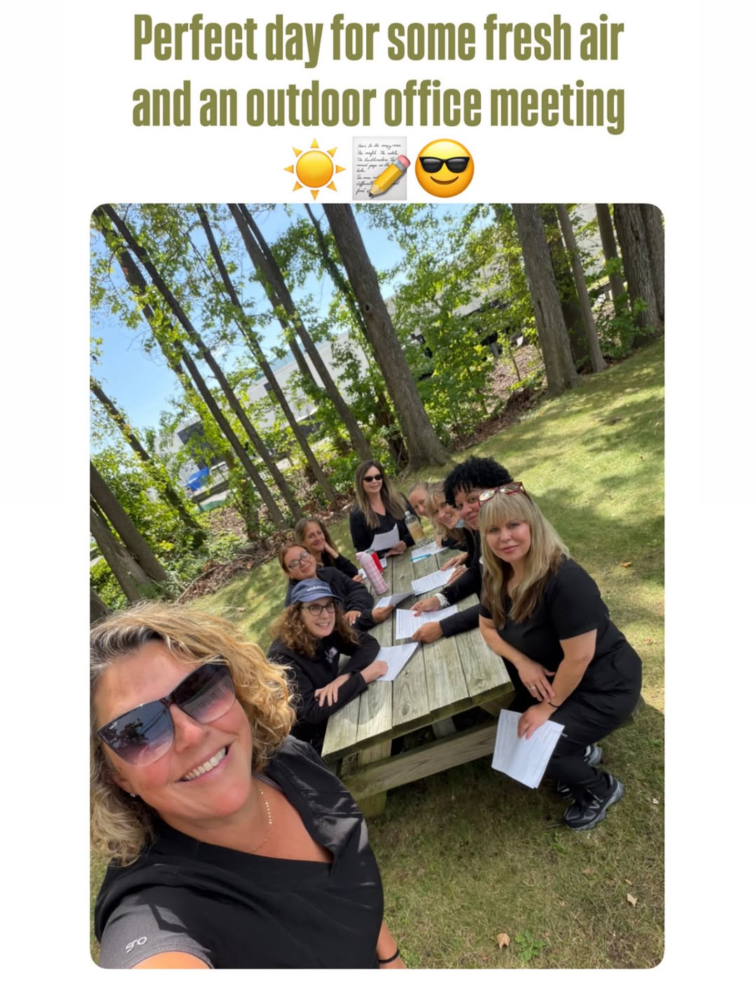 Instagram post by Dr. Rebecca Baxt: Perfect day for class to be held outside! The Baxt team got to enjoy some fresh air, professional development, and positivity 🤩📝☀️ #outdoo…