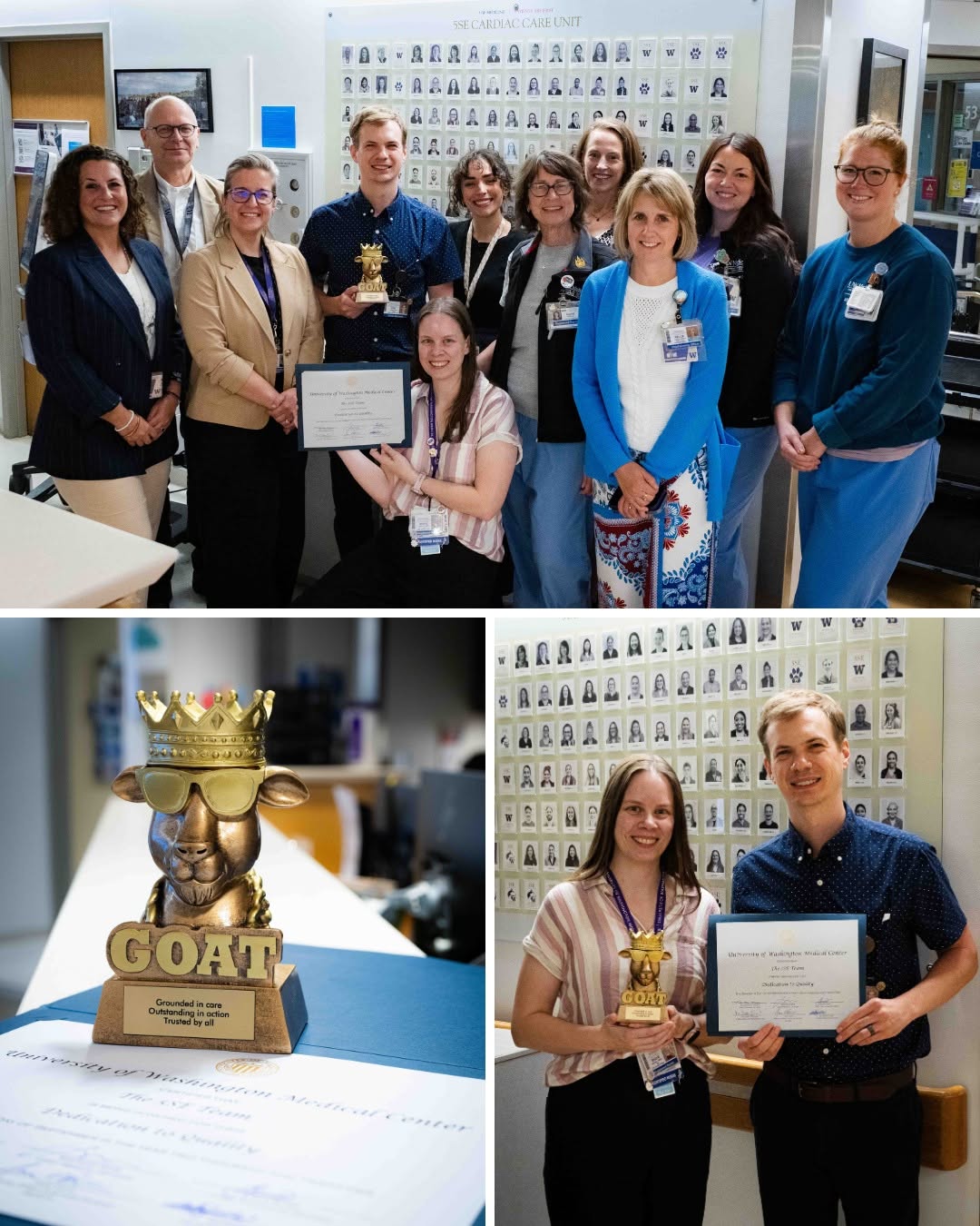 Instagram post by Dr. Rebecca Dunsmoor-Su: Congratulations to the UW Medical Center – Montlake Cardiac Care unit for earning the G.O.A.T. award in recognition of their commitment to e…
