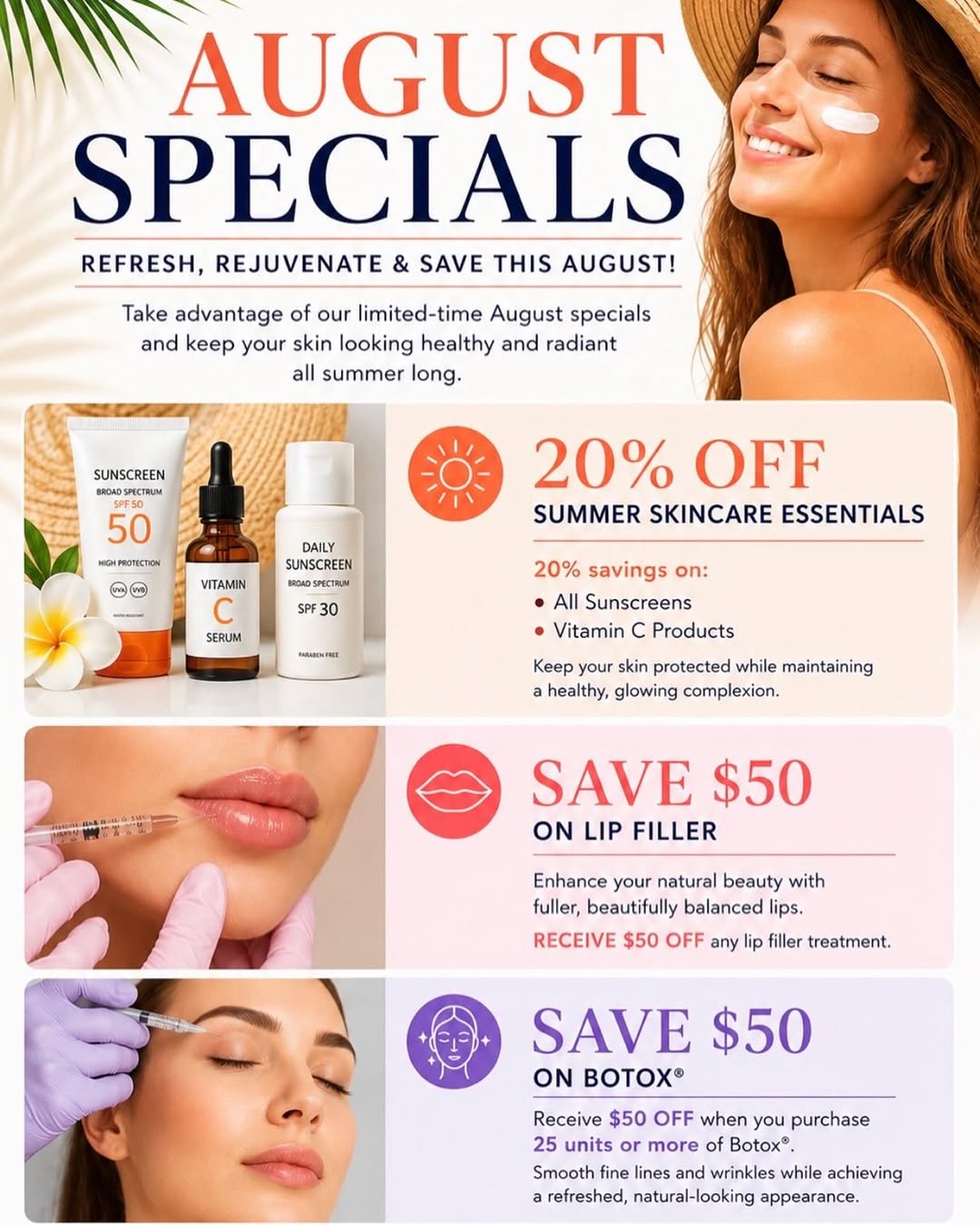 Instagram post by Dr. Renuka Diwan: Refreshing in August ☀️helps keep your best look through the fall🍁Call 440-871-9832 for limited time savings. #Botoxcosmetic #LipFiller #Be…