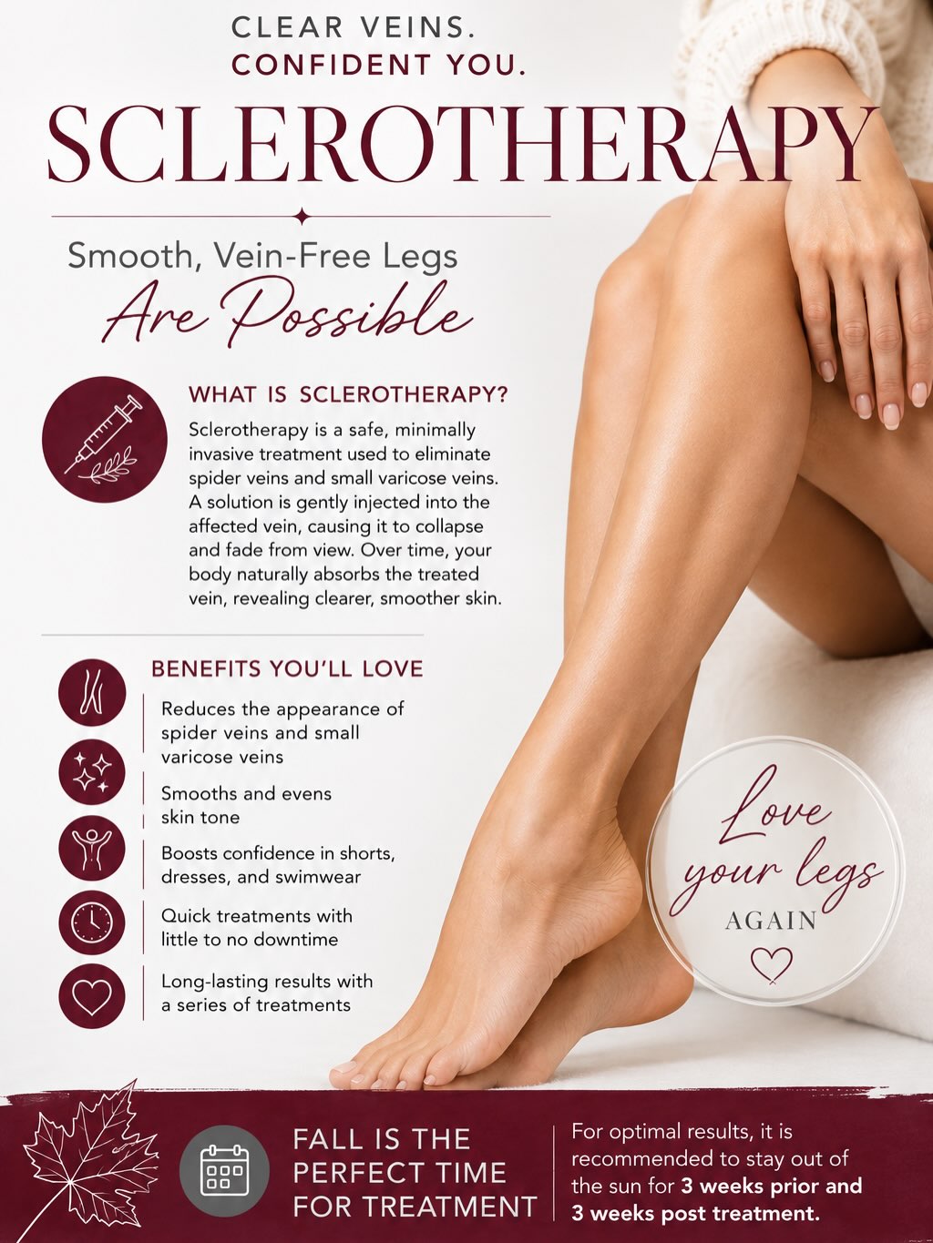 Instagram post by Dr. Renuka Diwan: Fall is the perfect time to put your legs back in the spotlight 🍂 Sclerotherapy is a minimally invasive treatment designed to reduce the ap…