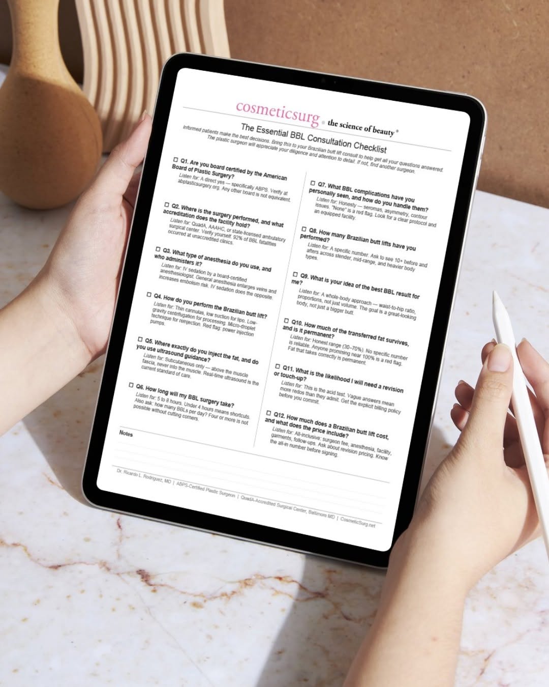 Instagram post by Dr. Ricardo L. Rodriguez: Heading into a BBL consultation? Print this and bring it with you. 📋12 questions covering board certification, anesthesia, facility accredi…