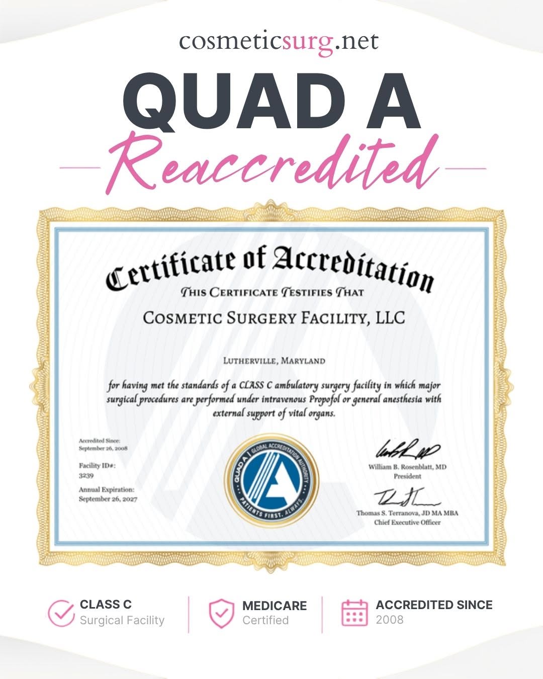 Instagram post by Dr. Ricardo L. Rodriguez: 🏥 Our on-site surgical facility has completed its QUAD A reaccreditation. Class C Surgical Facility • Medicare Certified • Accredited Since…