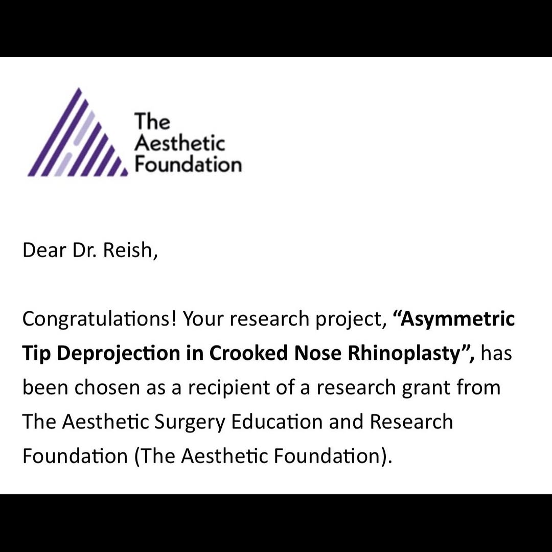Instagram post by Dr. Richard G. Reish: I am excited to share that our project, “Asymmetric Tip Deprojection in Crooked Nose Rhinoplasty,” has been awarded a research grant from Th…