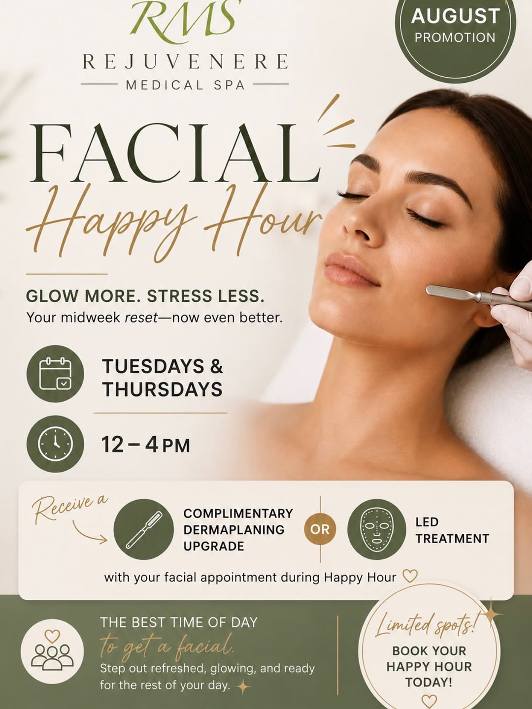 Instagram post by Dr. Richard Junke: ✨ Facial Happy Hour is here! ✨ Treat yourself to the ultimate midday refresh this August! Join us every Tuesday & Thursday from 12:00–4:00 P…