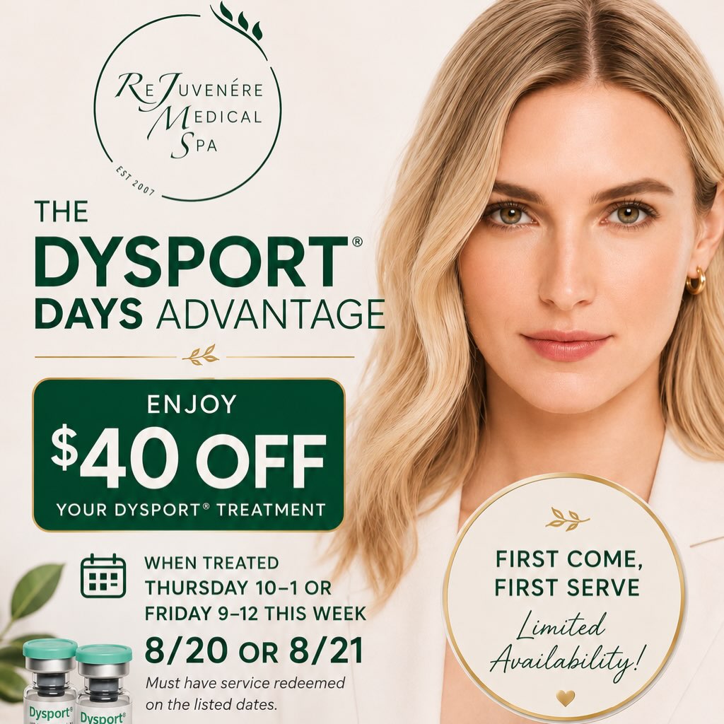 Instagram post by Dr. Richard Junke: ✨ THE DYSPORT® DAYS ADVANTAGE IS BACK! ✨ For a limited time, enjoy $40 OFF your Dysport® treatment when treated THIS WEEK — Thursday 8/20 fr…