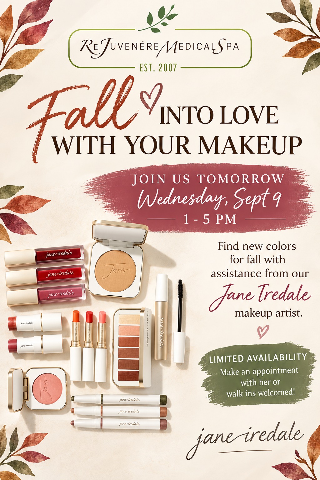 Instagram post by Dr. Richard Junke: 🍂 Fall into love with your makeup! 🍂 Ready to refresh your look for the season? Join us TOMORROW, Wednesday, September 9 from 1–5 PM for a…