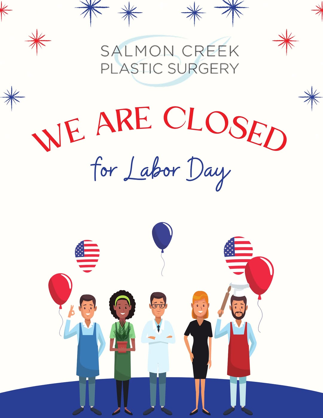 Instagram post by Dr. Richard K. Green, Jr.: 🇺🇸 Happy Labor Day! 🇺🇸 Salmon Creek Plastic Surgery will be closed Monday, September 7th, in observance of Labor Day. We’ll be back and …