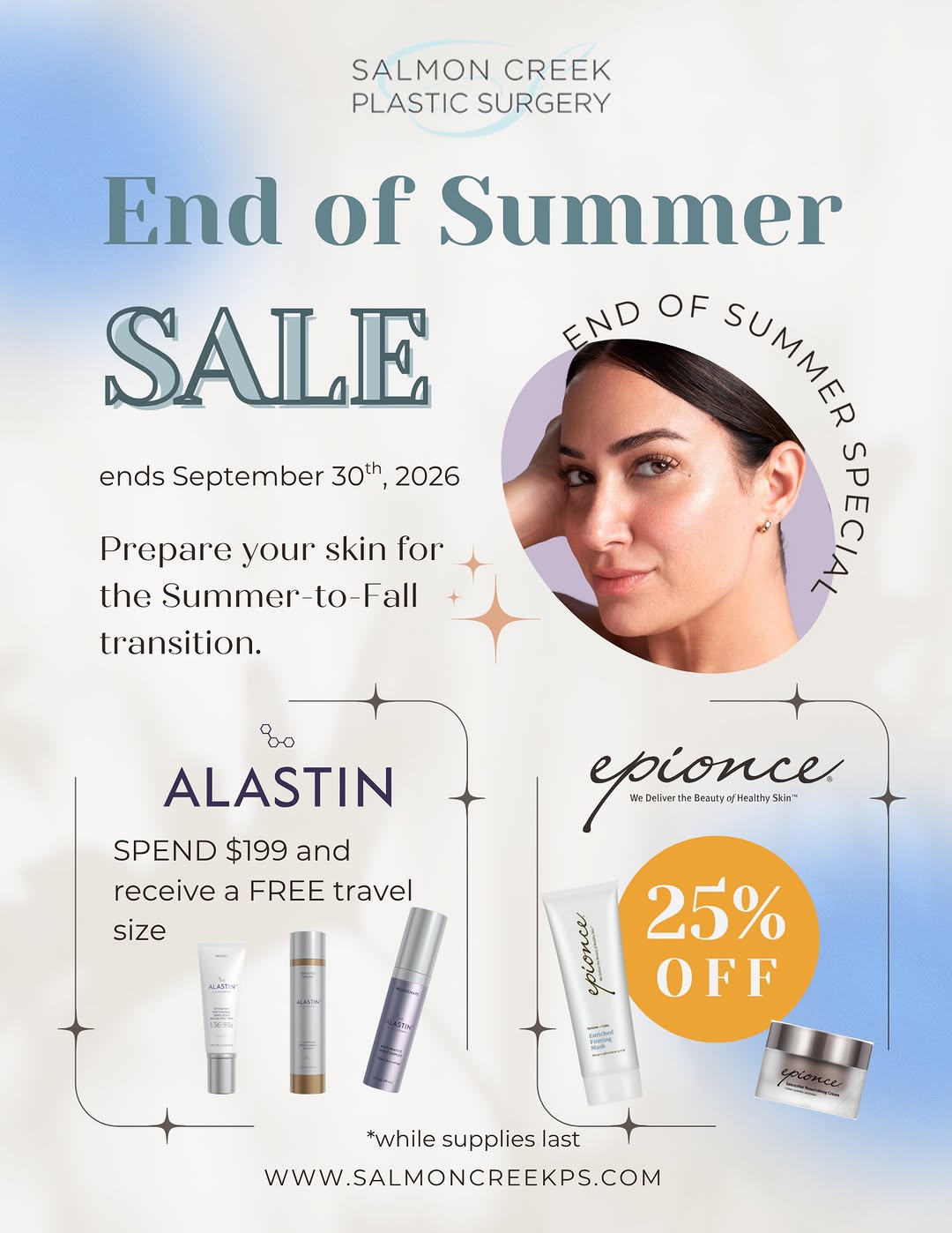 Instagram post by Dr. Richard K. Green, Jr.: ✨ End of Summer Sale! ✨ Give your skin a little love as we transition into fall! 🍂✨ 💜 Alastin: Spend $199 & receive a FREE travel-size pro…