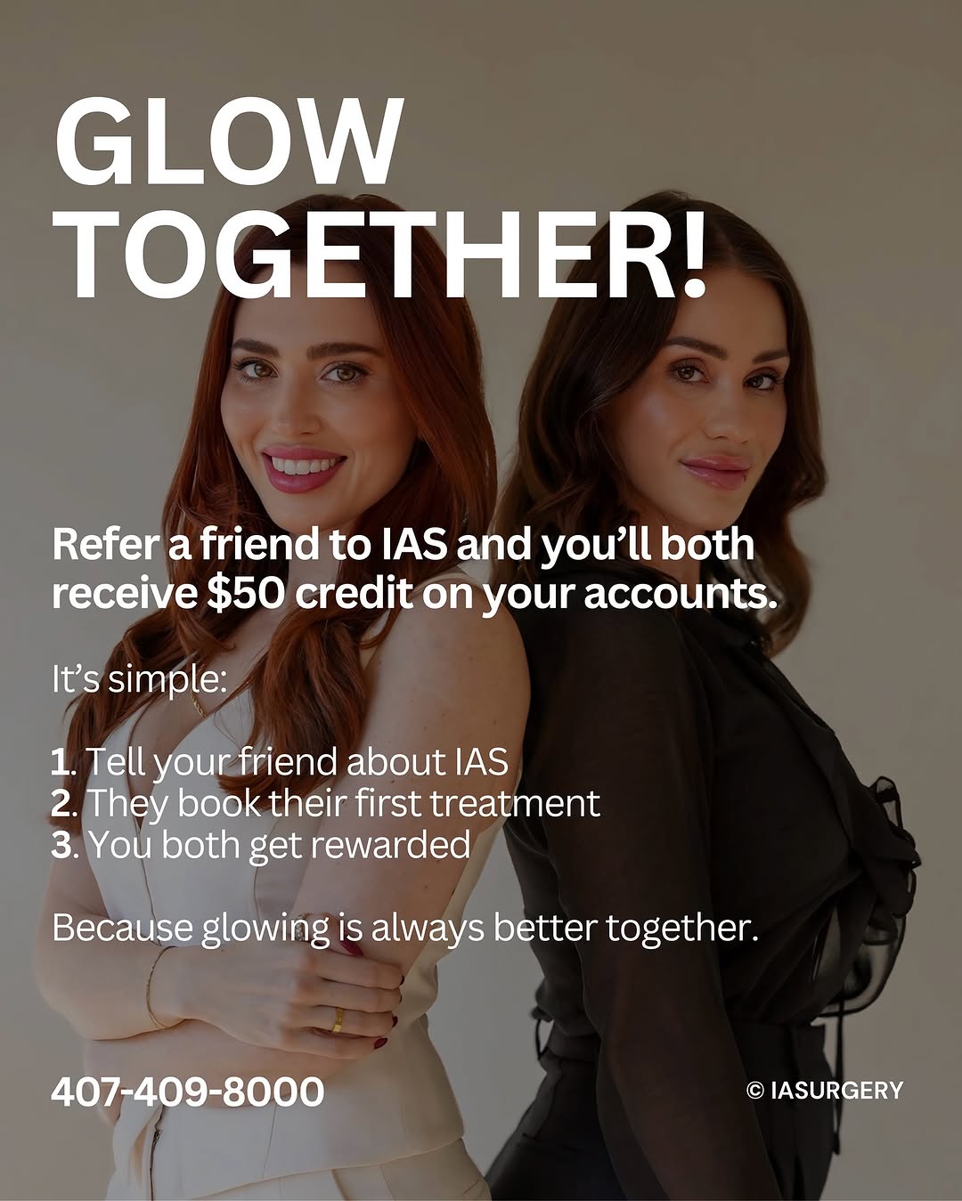 Instagram post by Dr. Richard O. Gregory: Glow Together at IAS ✨ Because confidence is better when shared. 💕 When you refer a friend to IAS, you’ll both receive $50 credit on your a…