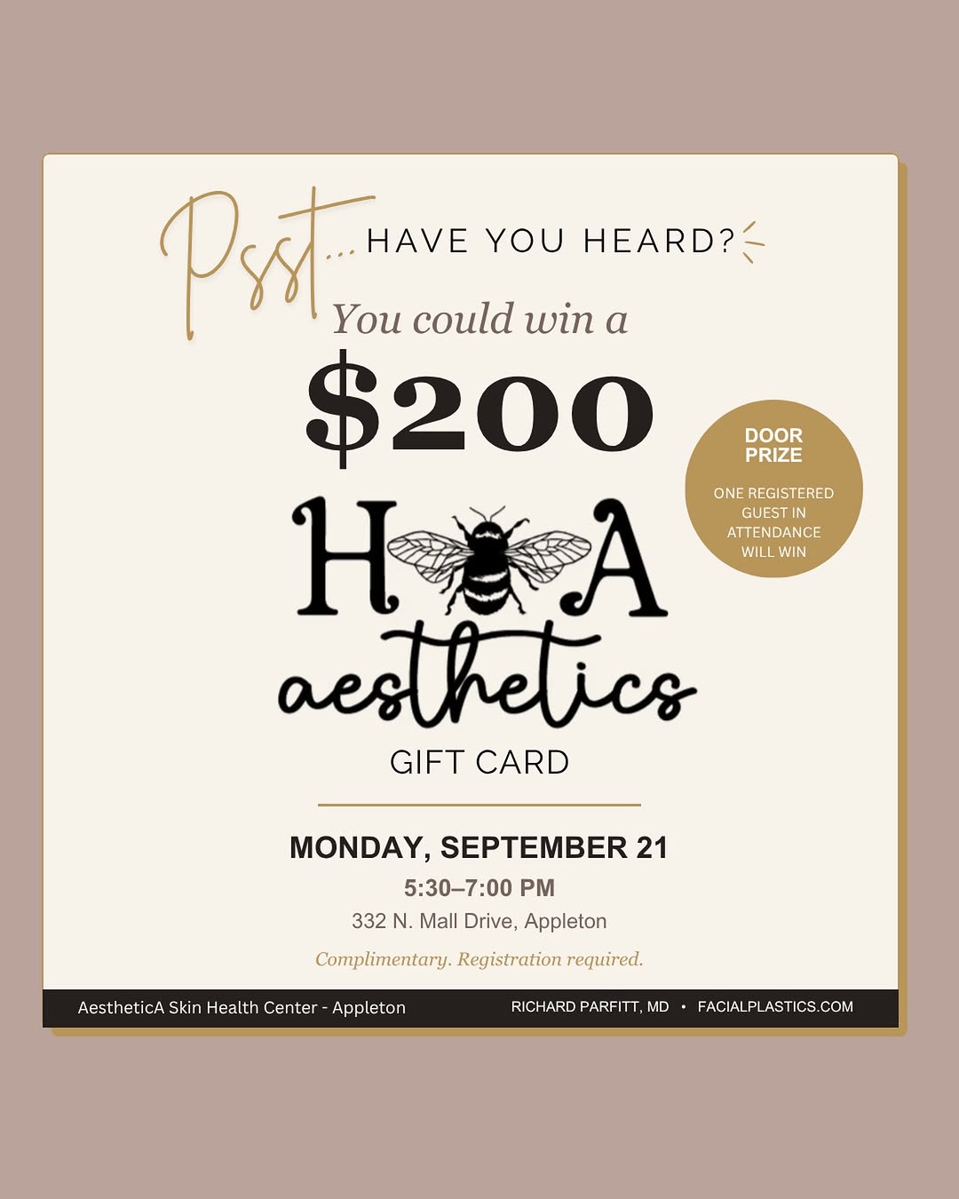 Instagram post by Dr. Richard Parfitt: Psst… have you heard? 👀 We’ve added another reason to join us Monday evening! One registered guest in attendance will win a $200 gift card …