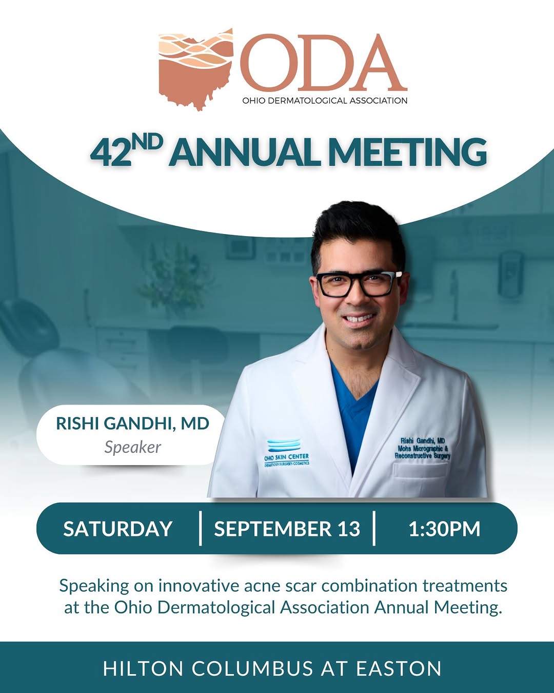 Instagram post by Dr. Rishi K. Gandhi: ✨ We’re proud to share that Dr. Rishi Gandhi will be speaking at the Ohio Dermatological Association Annual Meeting on innovative acne scar …