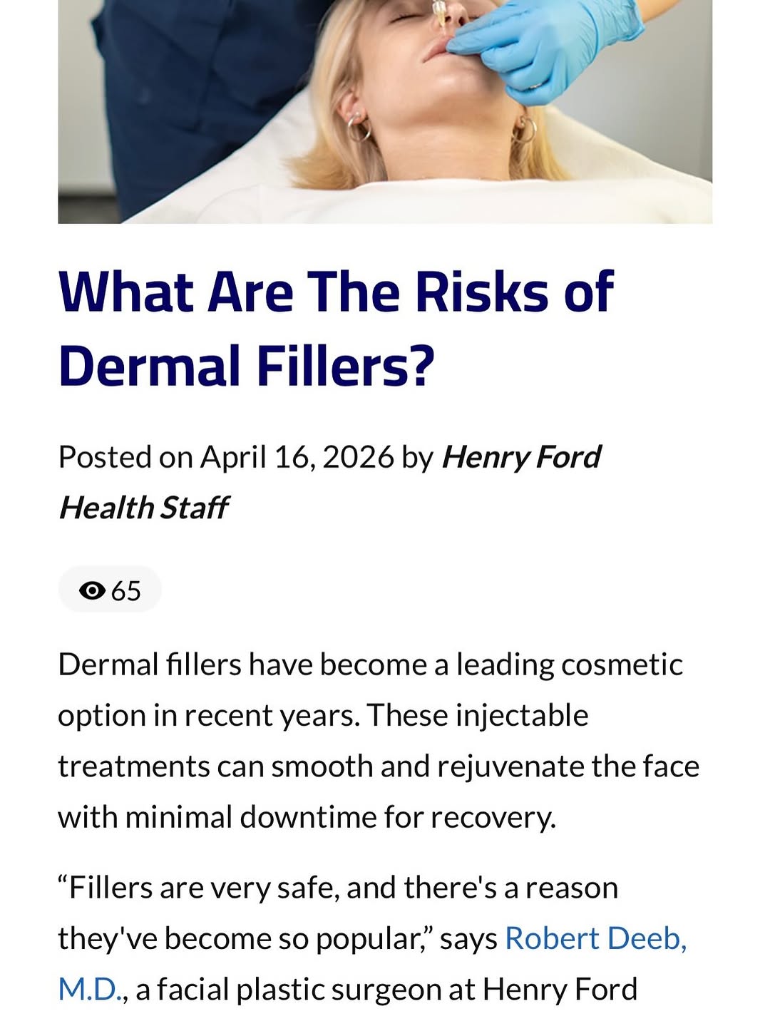 Instagram post by Dr. Robert Deeb: Excited to have been interviewed for a recent article on the risks of filler injections. We discussed a variety of topics related to safety,…