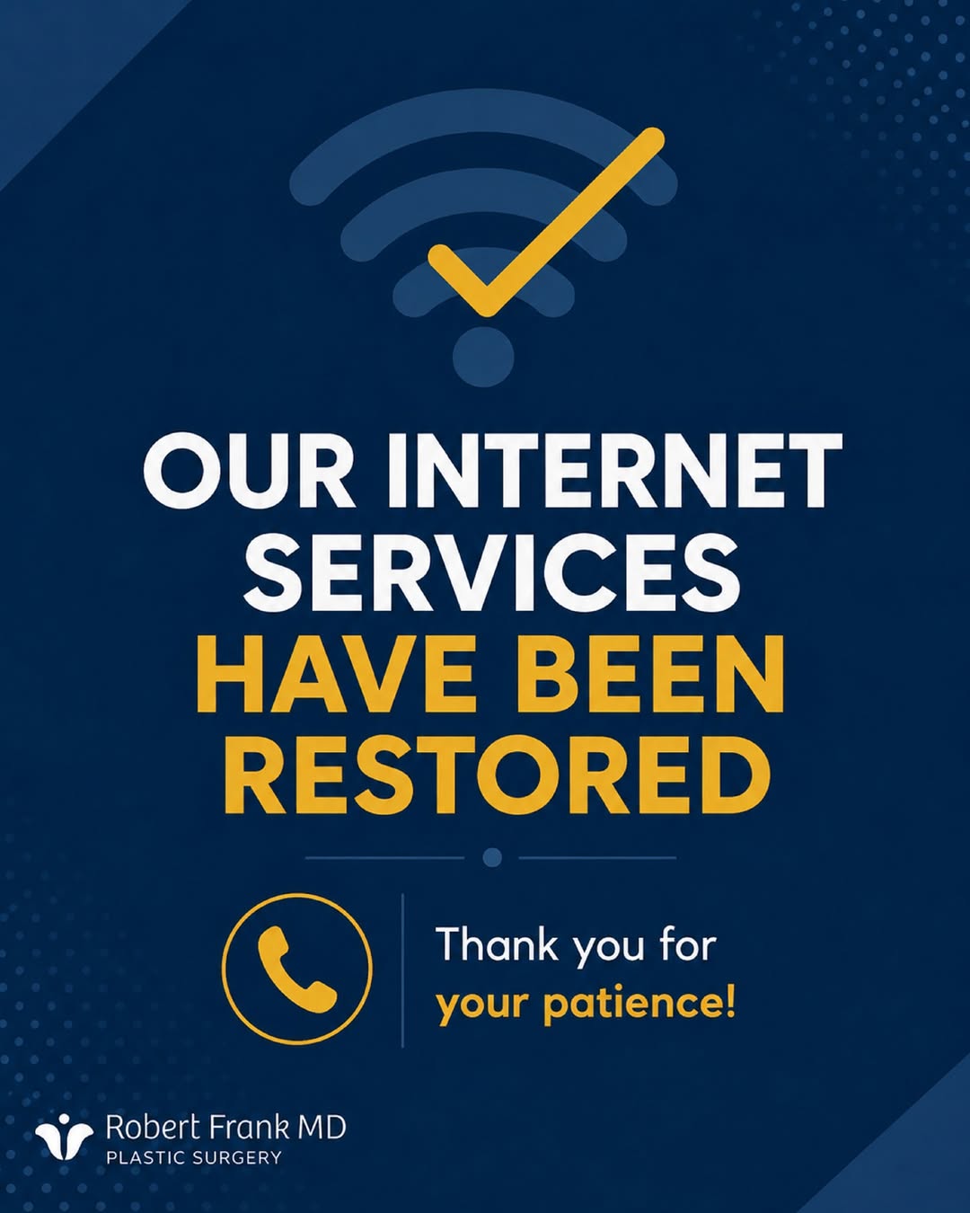 Instagram post by Dr. Robert Frank: Our internet service has been fully restored. Thank you so much for your patience and understanding while we resolved the issue . #RobertFra…