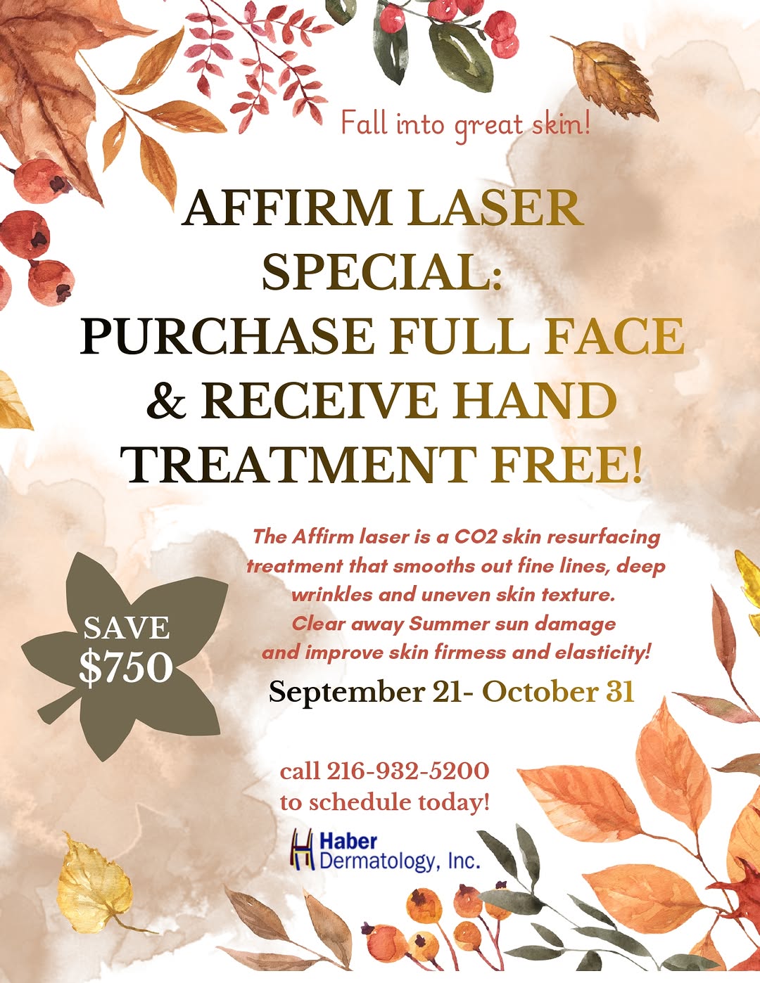 Instagram post by Dr. Robert Haber: Fall into great skin! 🍂 For a limited time, purchase a full-face Affirm laser treatment and receive a hand treatment FREE, a $750 savings. …
