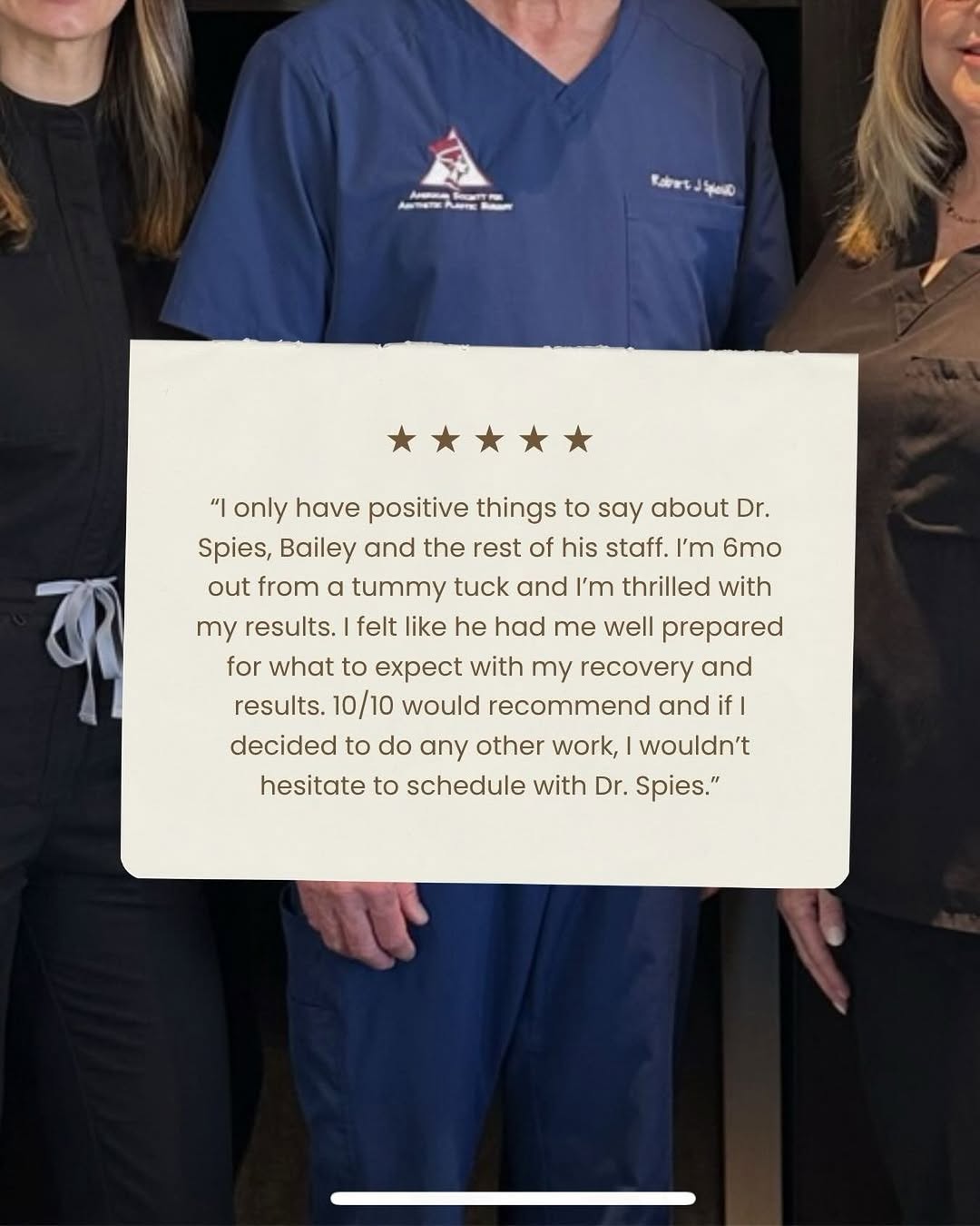 Instagram post by Dr. Robert J. Spies: There’s nothing we love more than a happy patient! Six months out from a tummy tuck and thrilled with her results, AND feeling prepared and …
