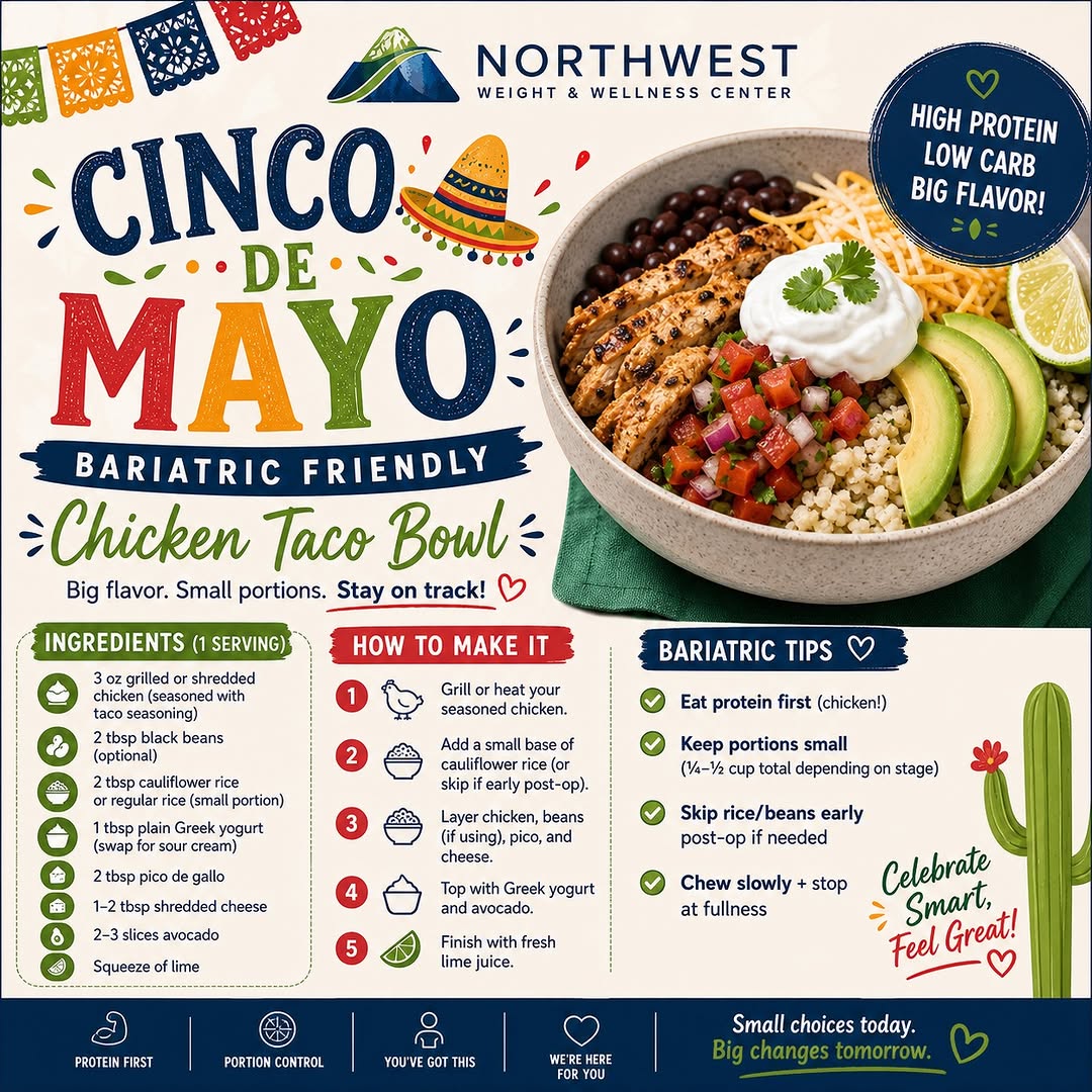 Instagram post by Dr. Robert L. Michaelson: Bariatric-Friendly Chicken Taco Bowl 🌮 A high-protein twist on a Cinco de Mayo favorite: Grilled chicken, cauliflower rice, fresh pico de g…