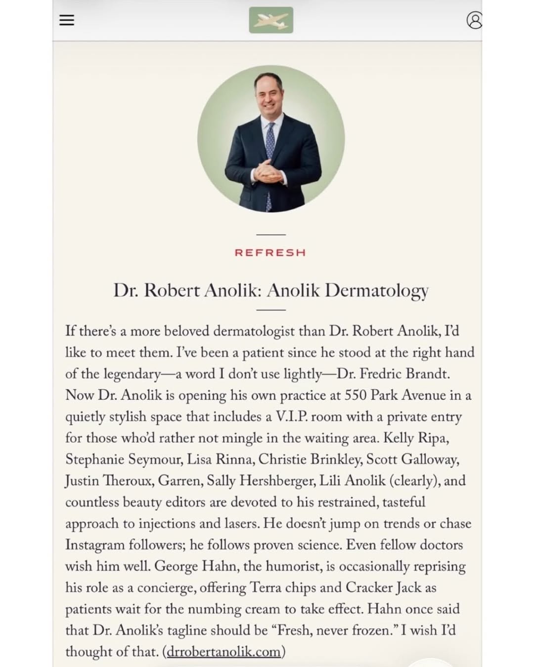 Instagram post by Dr. Robert T. Anolik: Even my wife isn’t this nice to me, @airmaillook #dranolik #550parkavenue