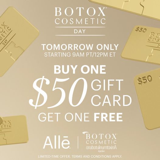 Instagram post by Dr. Robert Vogt: TOMORROW ONLY: BOTOX® Cosmetic Day is (almost) here! For one day only, buy one $50 gift card, get one free! alle.ly/40pbaCp to join Allē now…