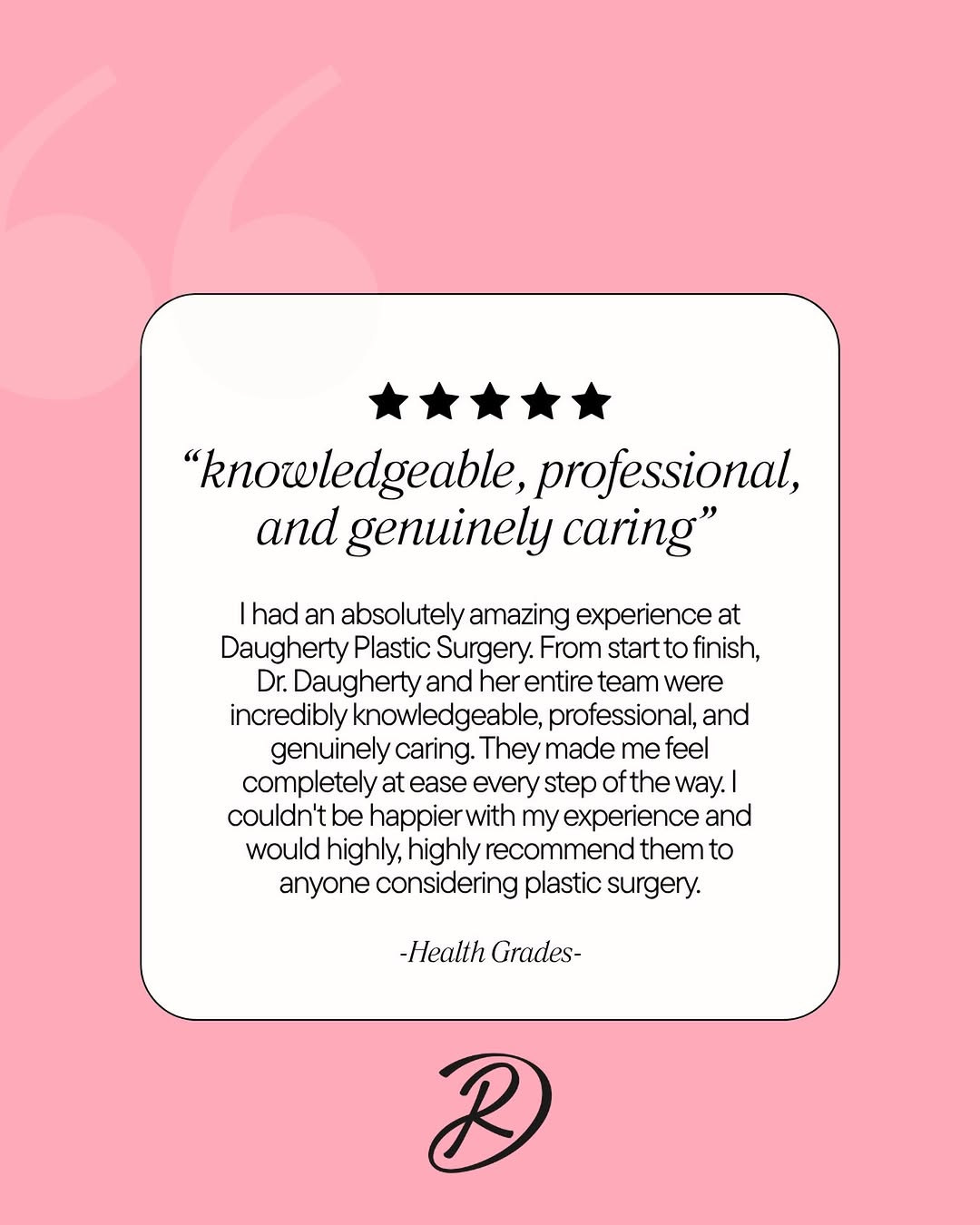 Instagram post by Dr. Robyn Daugherty: Patient Review 🩷💬✨ Thank you for sharing such kind words about your experience with us! ☺️ We’re truly grateful that you trusted our team …