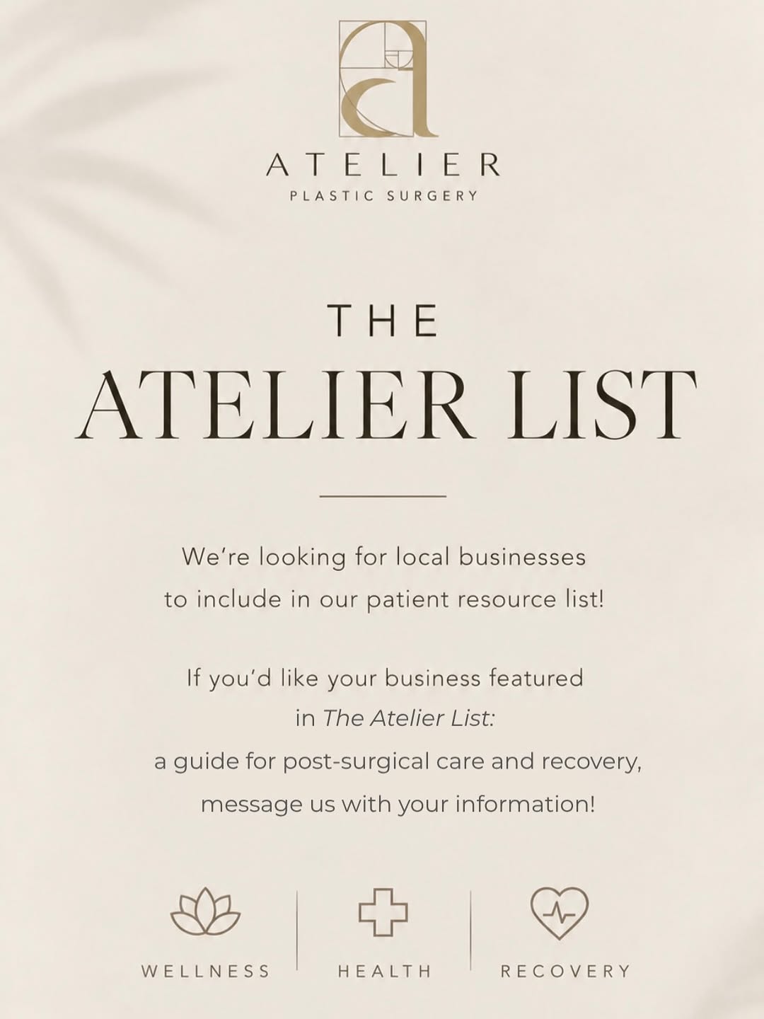 Instagram post by Dr. Rohit Jaiswal: Are you a local business helping clients feel their best during recovery? We want to connect with you! We’re building The Atelier List, our …