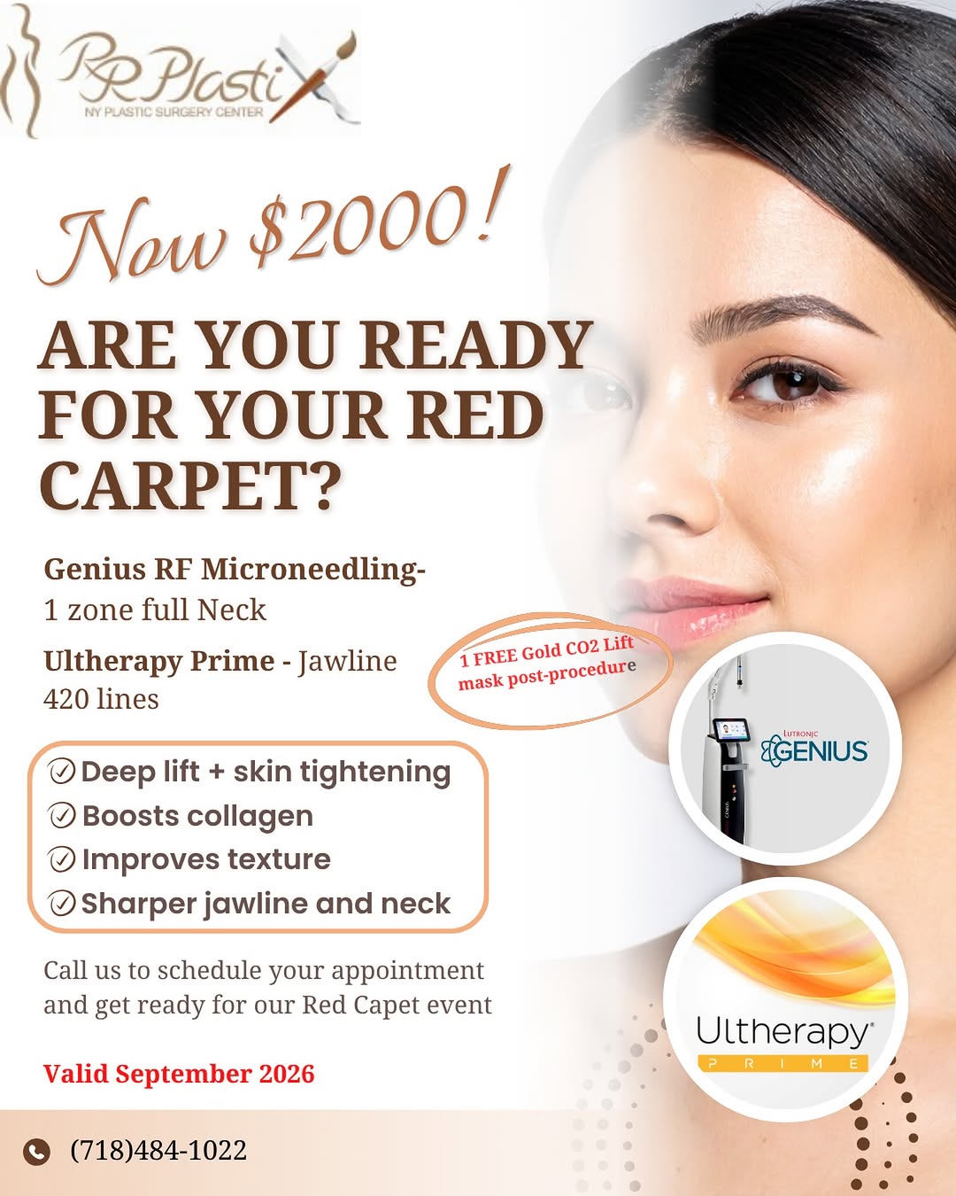 Instagram post by Dr. Roman Rayham: ✨ Red Carpet Ready starts now! ✨ Get lifted, tightened, and glowing with our September special — now $2,000! 💫 Genius RF Microneedling — Fu…
