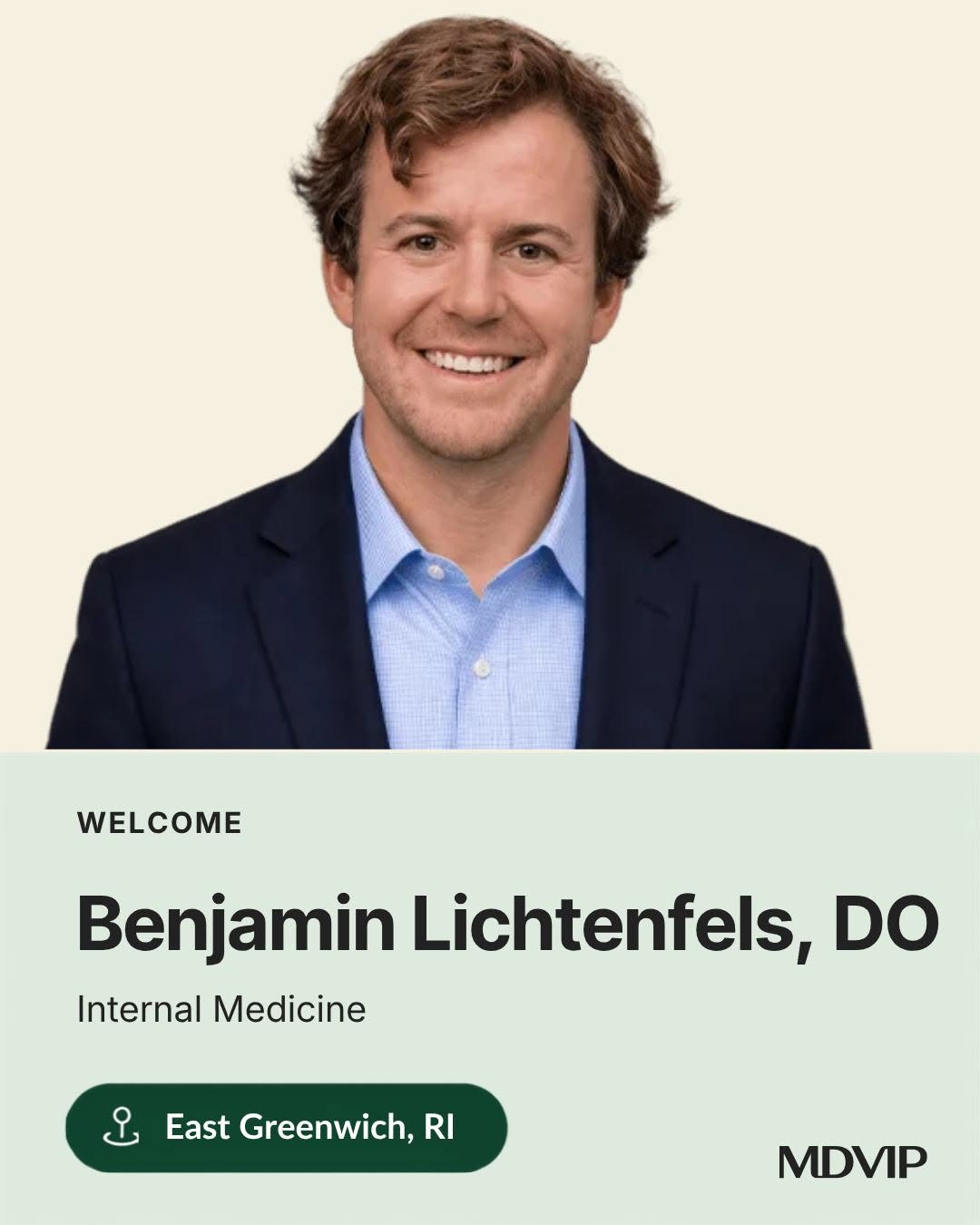 Instagram post by Dr. Ron Eaker: We’re excited to welcome 3 new MDVIP-affiliated physicians in East Greenwich, Rhode Island 📸 Dr. Benjamin Lichtenfels is a board-certified …