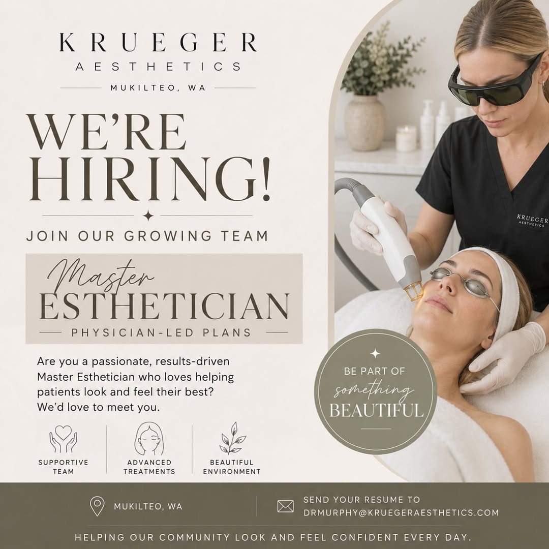 Instagram post by Dr. Ronald A. Krueger: We're growing our team at Krueger Aesthetics! Seeking an experienced Master Esthetician interested in being a part of a physician-led team i…
