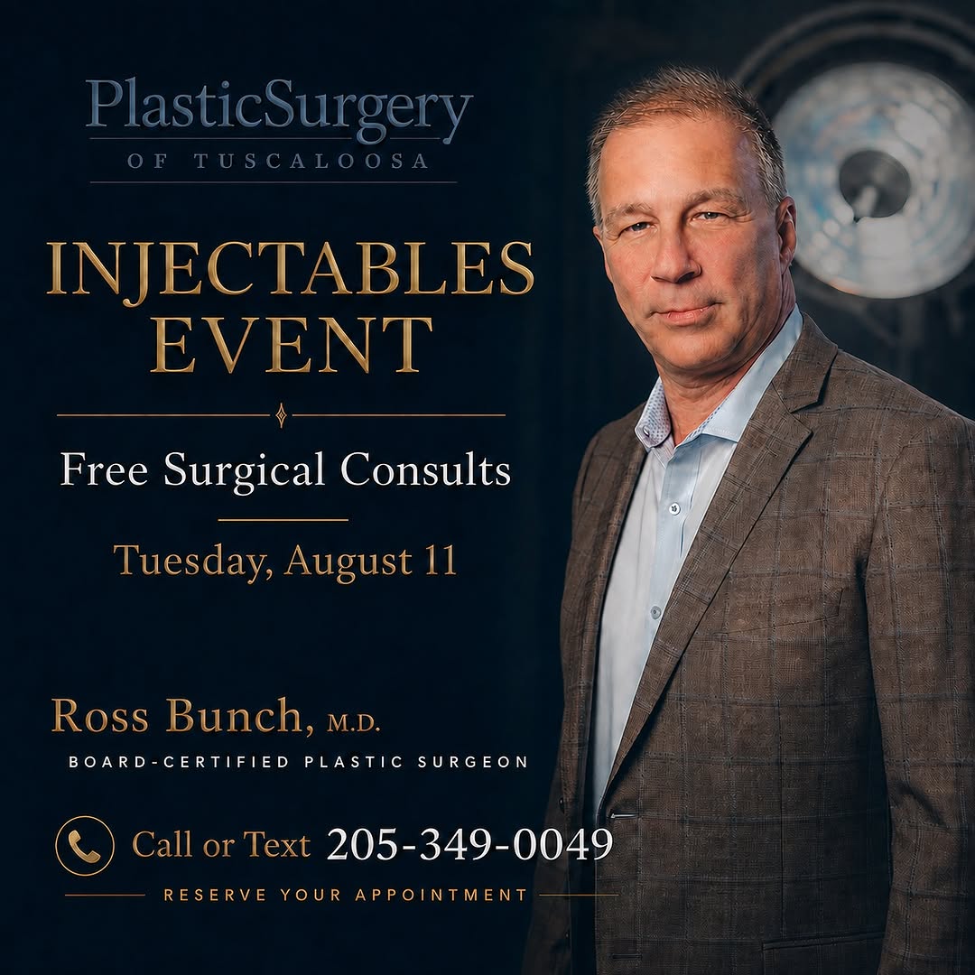Instagram post by Dr. Ross E. Bunch: Join us Tuesday, August 11 for our Injectables Event + Free Surgical Consult Day with Ross Bunch, M.D., Board-Certified Plastic Surgeon. For…