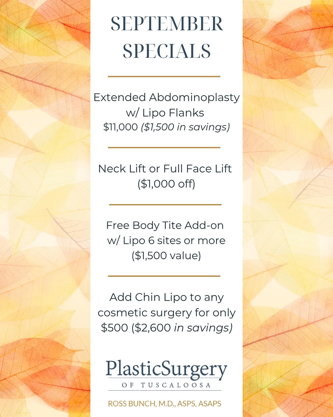 Instagram post by Dr. Ross E. Bunch: 🍂 September Specials are Here! 🍂 Whether you’ve been considering body contouring, facial rejuvenation, or adding the finishing touch to an…