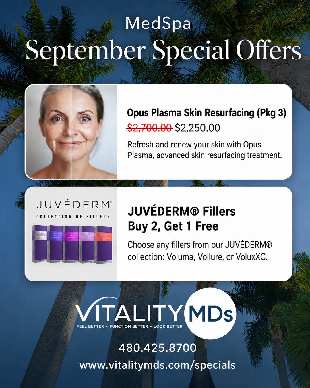Instagram post by Dr. Russell Bartels: 🌴 September is Looking Good 🌴 Fresh month, fresh specials at VitalityMDs! ✨ Treat your skin, refresh your look, and take advantage of thes…