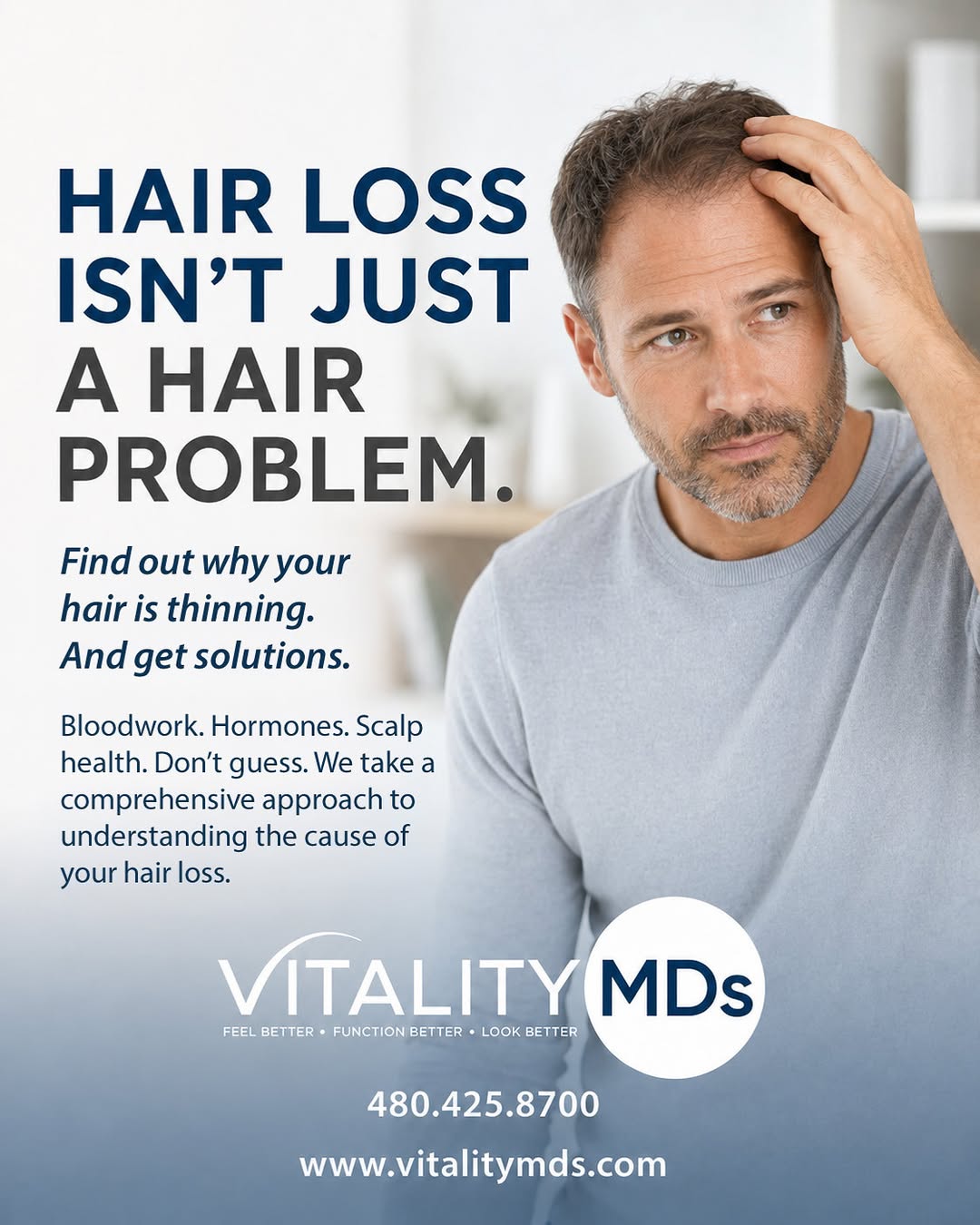 Instagram post by Dr. Russell Bartels: 🧬💇♂️ HAIR LOSS? LOOK BEYOND THE HAIR. 💇♂️🧬 Thinning hair can have more than one possible cause — guessing isn’t a treatment plan. 🔍 A…