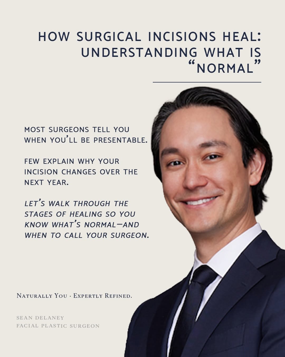 Instagram post by Dr. Russell Kridel: Your surgical incision is supposed to change. One of the most common questions I hear after surgery is: “Is this normal?” The truth is that …