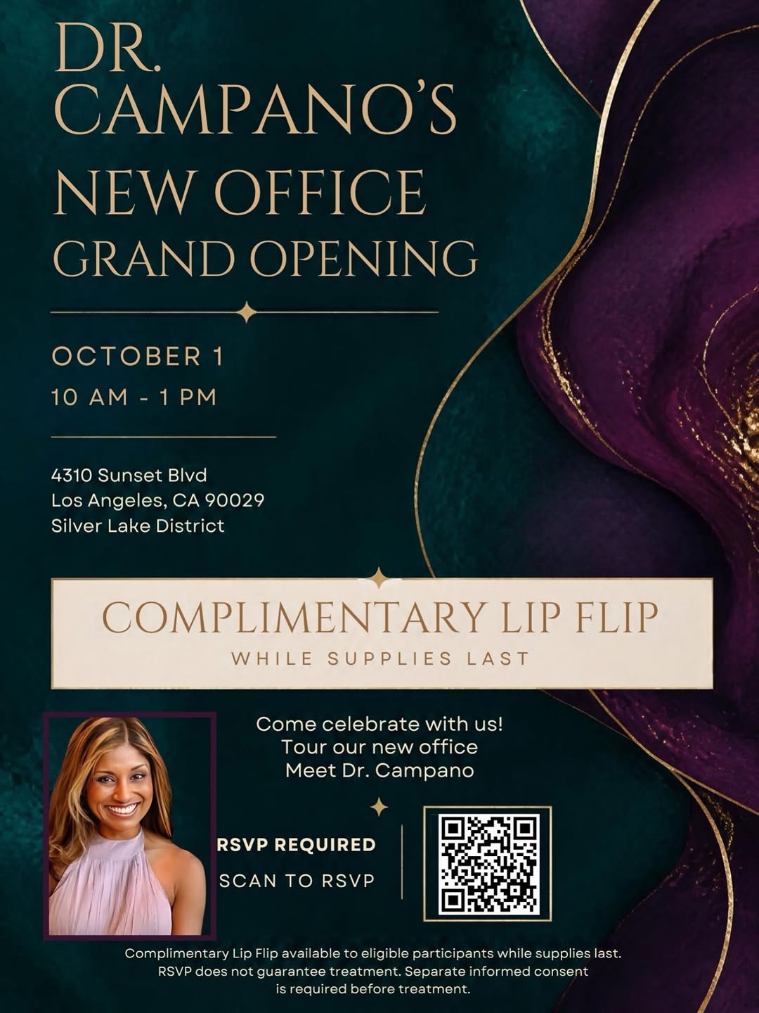Instagram post by Dr. Ruwanthi Campano: ✨ GRAND OPENING — DR. CAMPANO’S SILVER LAKE OFFICE ✨ Join us as we celebrate the opening of our new office! 💋 COMPLIMENTARY LIP FLIP 📅 Oct…