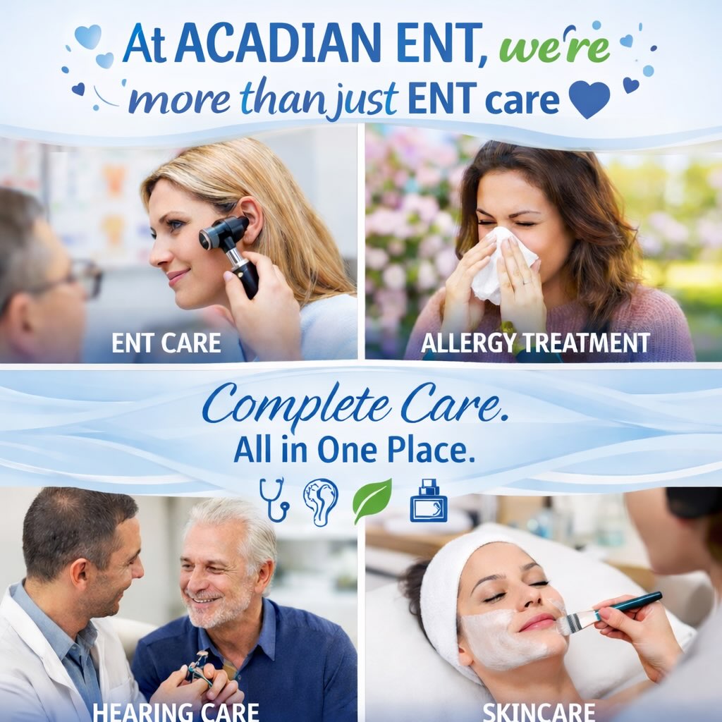 Instagram post by Dr. Ryan Chastant: Here at Acadian ENT, we’re more than just ENT care💙 From expert ear, nose, and throat services to specialized allergy care, hearing solutio…